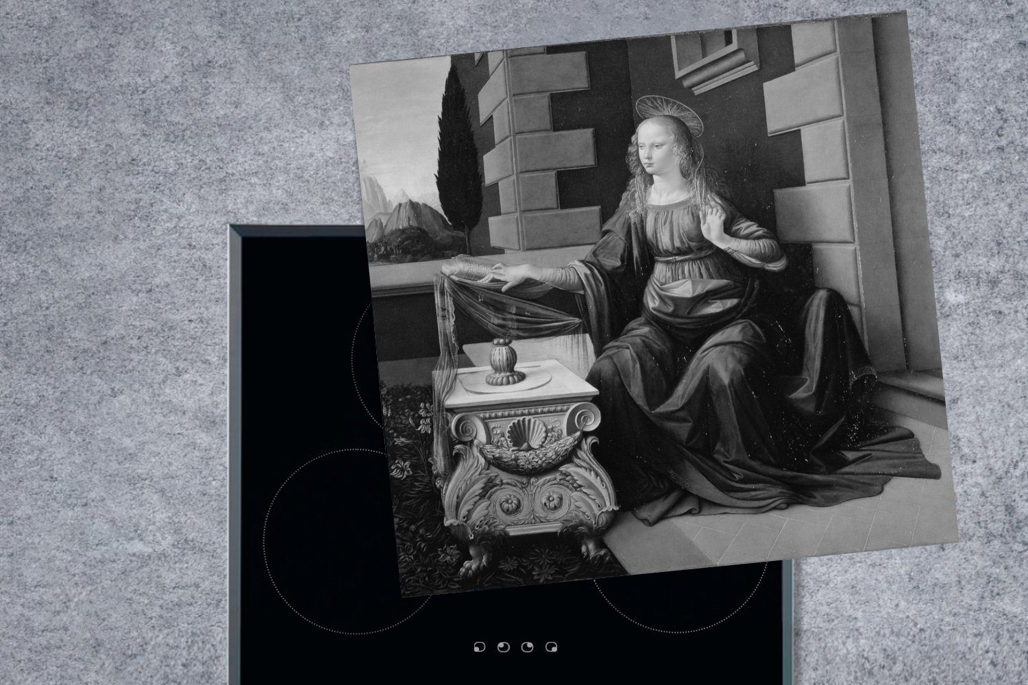 Vinci, - Vinyl, (1 cm, Arbeitsplatte für Leonardo Herdblende-/Abdeckplatte Die Ceranfeldabdeckung, da 78x78 MuchoWow Verkündigung tlg), küche