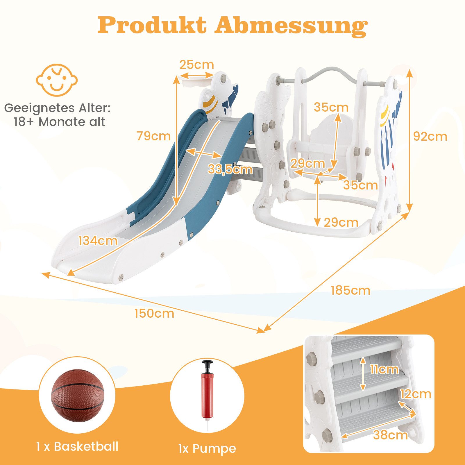 COSTWAY Rutsche, 4 in 1 Schaukel & Rutsche & Basketballkorb & Leiter