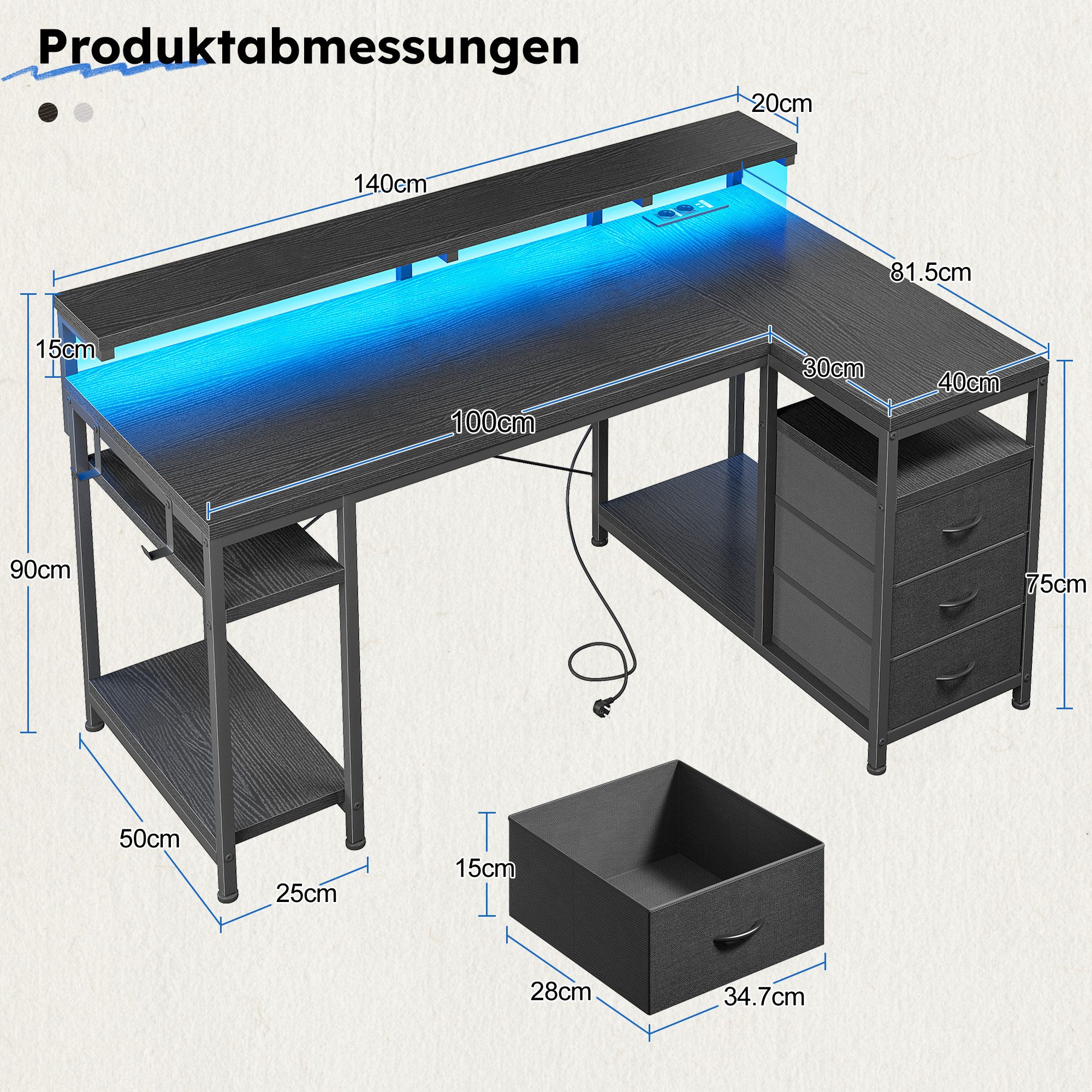 Klyvvo Schreibtisch mit 3 Schubladen, Gaming Schreibtisch L Form mit LED (1-St), mit Stauraum für Homeoffice und Gaming, Schwarz