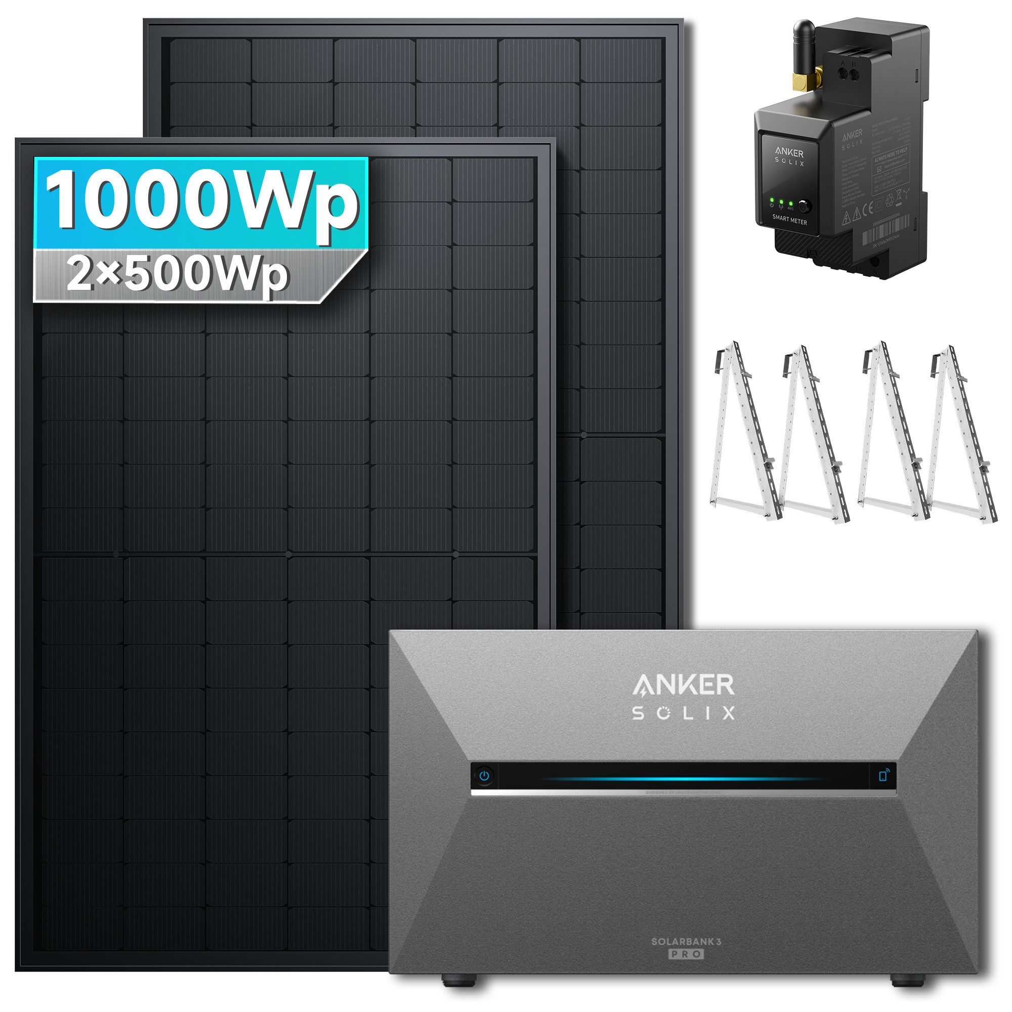SolarMars Balkonkraftwerk mit Speicher Anker Solix Solarbank 2 E1600 Pro, 1000 W, (Balkon Halterung für 2 Solarmodule), 0% MwSt