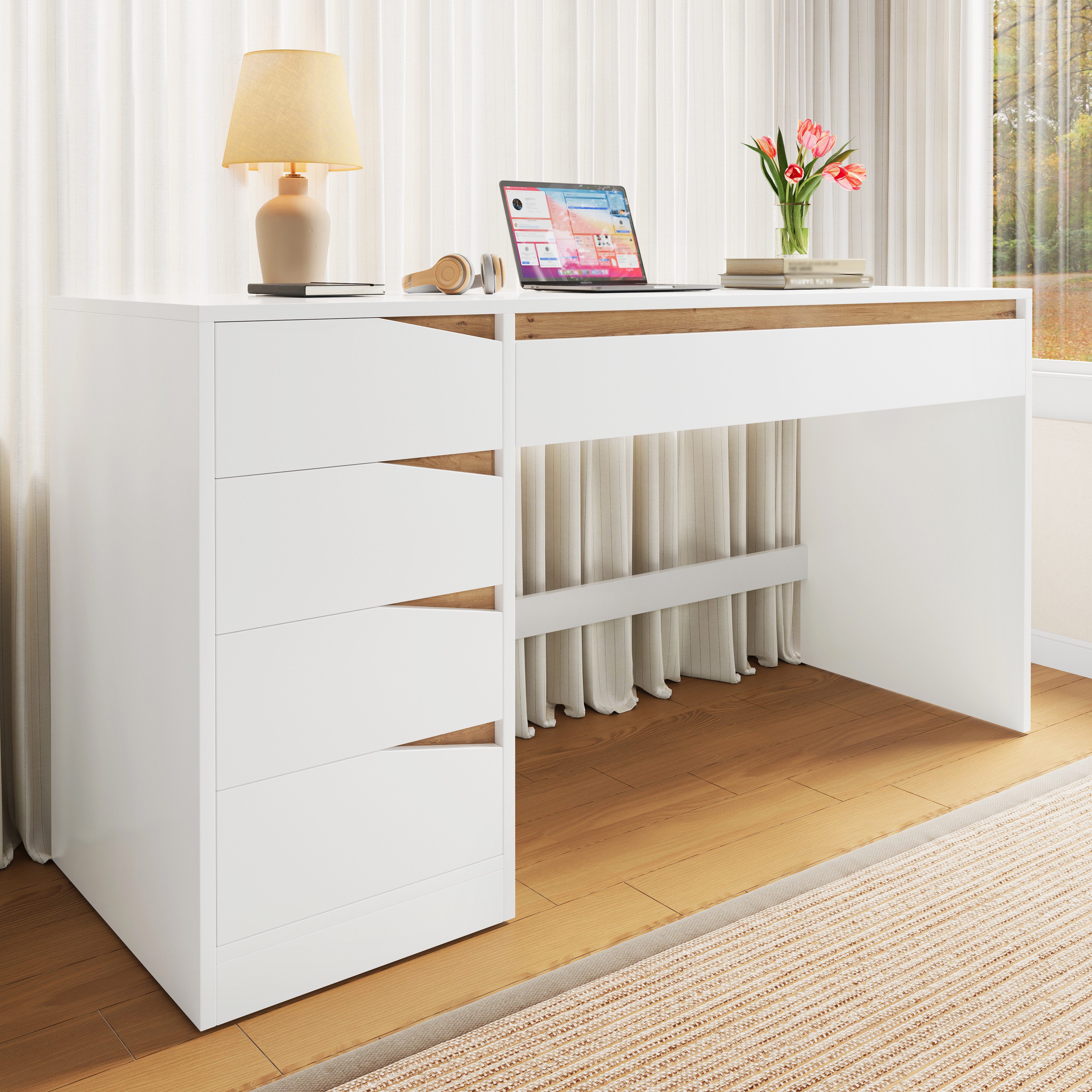 Flieks Schreibtisch Computertisch Arbeitstisch Bürotisch (140x50x78 cm, 1-St., 1 Tisch), Multifunktionstisch mit 5 Schubladen Schminktisch Weiß&Eichefarbe
