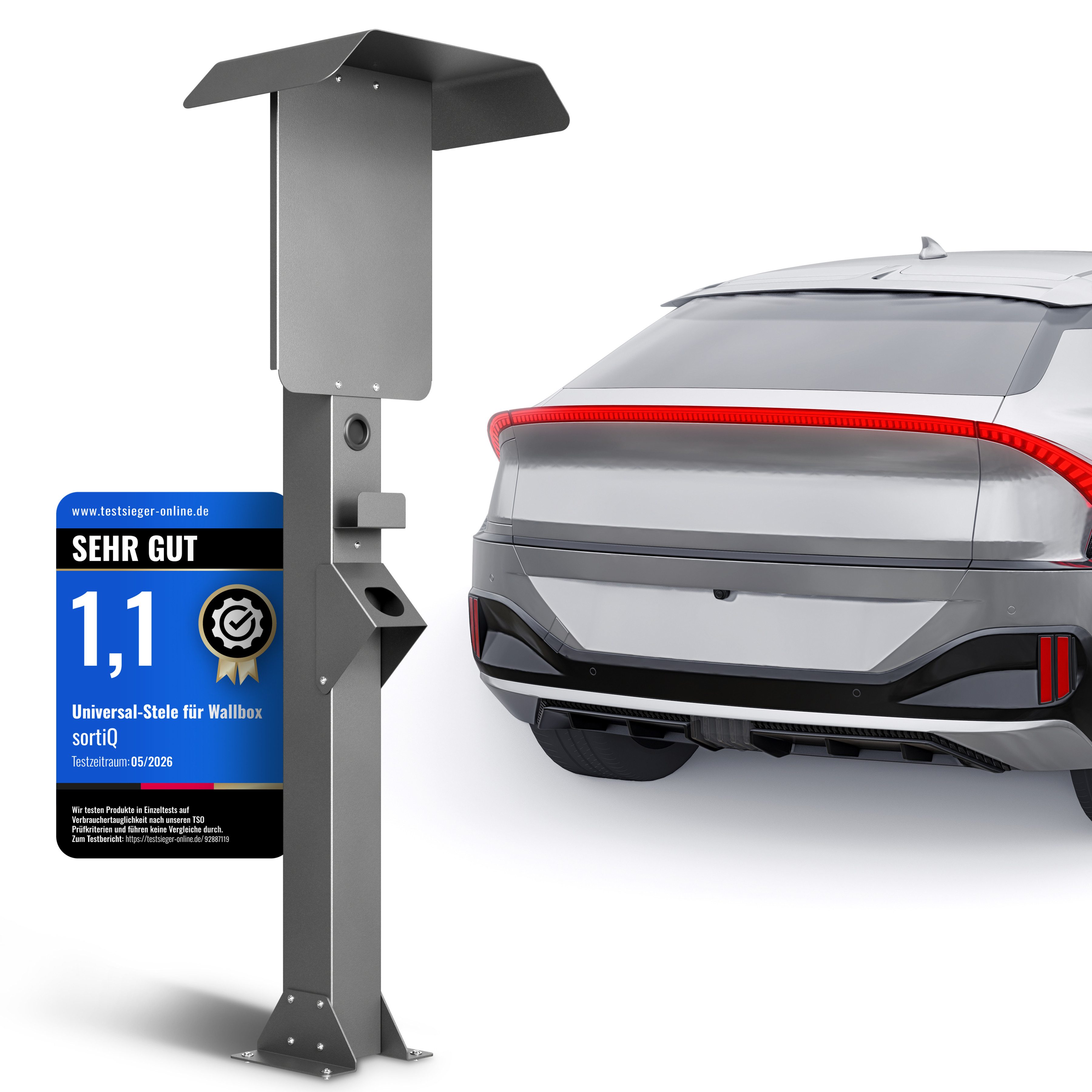 sortiQ Elektroauto-Ladestation-Halterung Wallbox-Stele, Außenbereich Wallbox-Standfuß, (Freistehende Wallboxhalterung mit Überdachung, Wetterschutz)