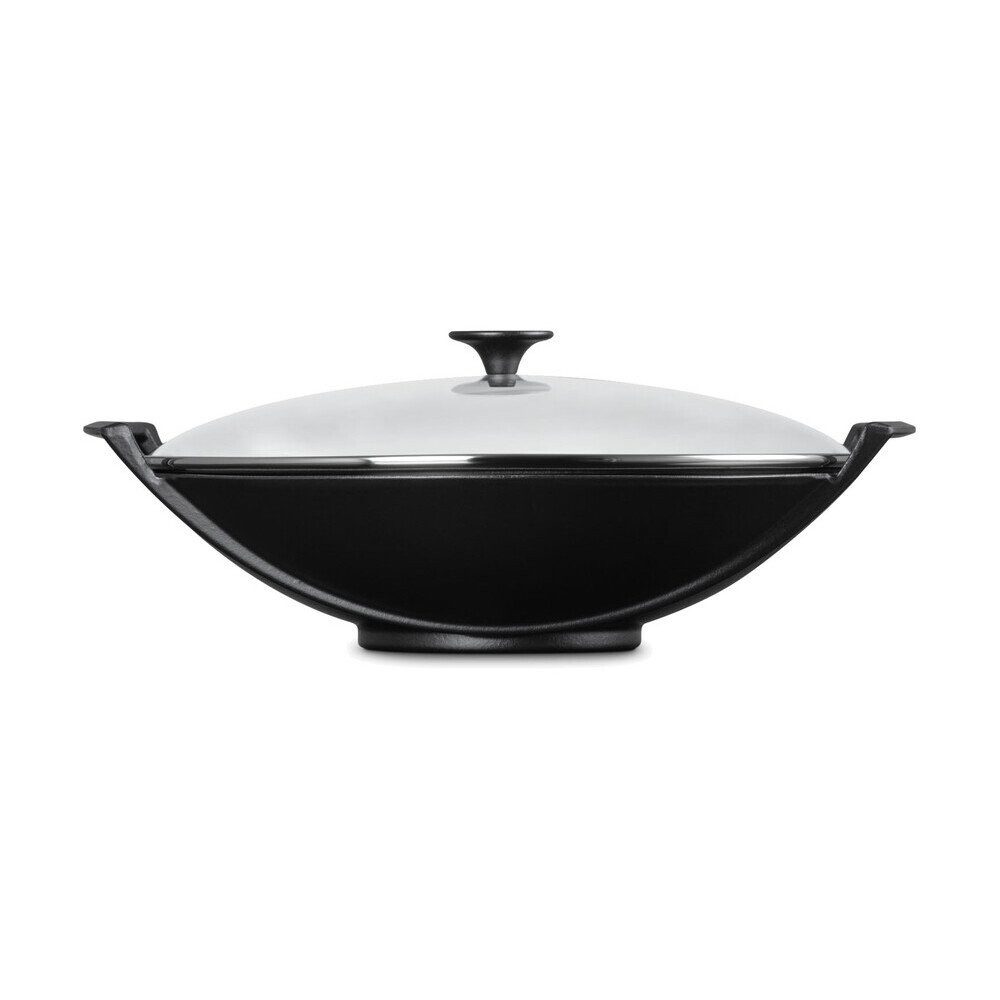 LE CREUSET Wok Wok mit Glasdeckel 36 cm Schwarz, 4,5l, Gusseisen, emailliert, schwarz, Handreinigung, backofengeeignet