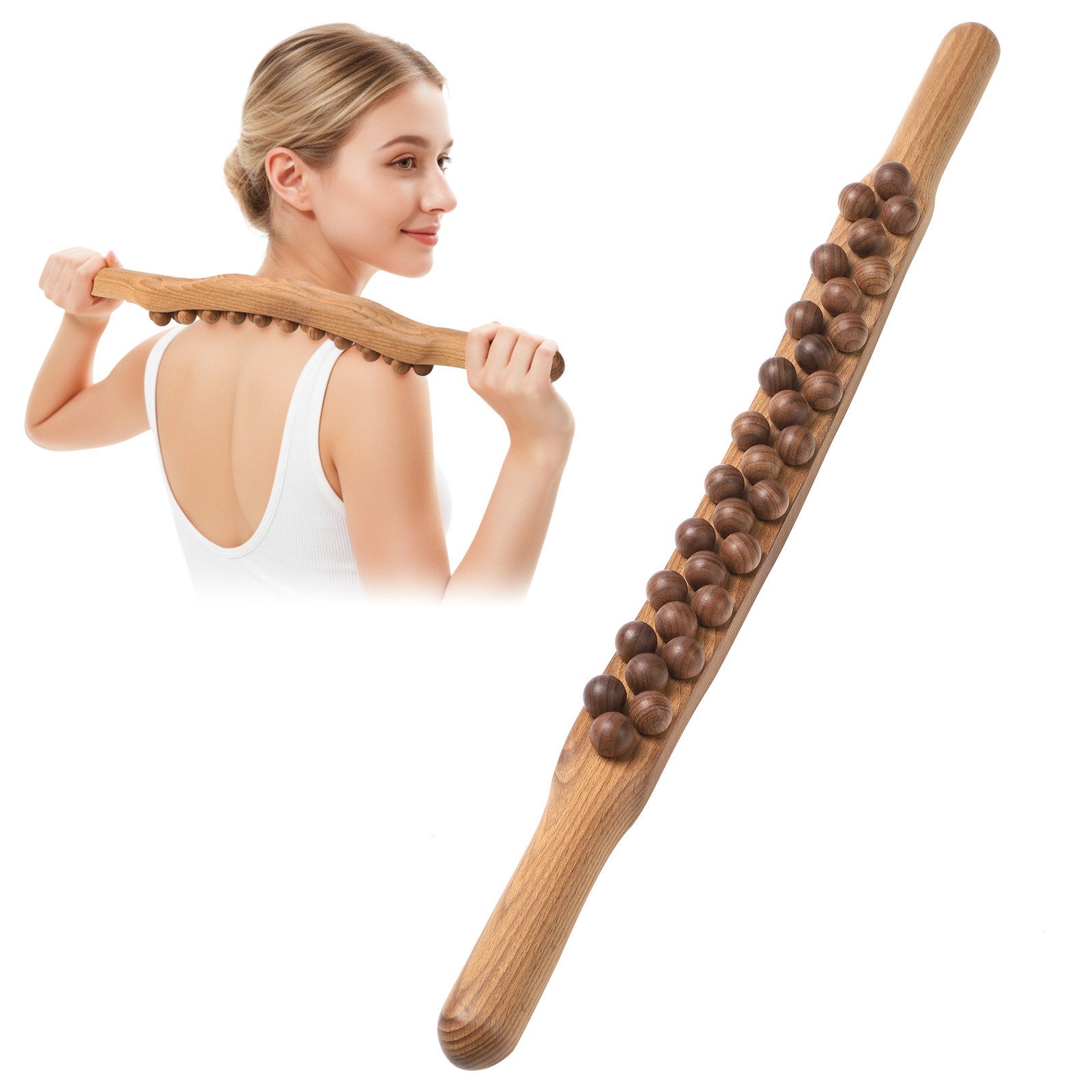 QUBEBU Nacken-Massagegerät Holz-Gua-Sha-Massageroller 31 Perlen, 58cm, Nacken- & Körpermassage, Für Muskelentspannung Massage Nacken Rücken Bauch Beine Arme 1-tlg.