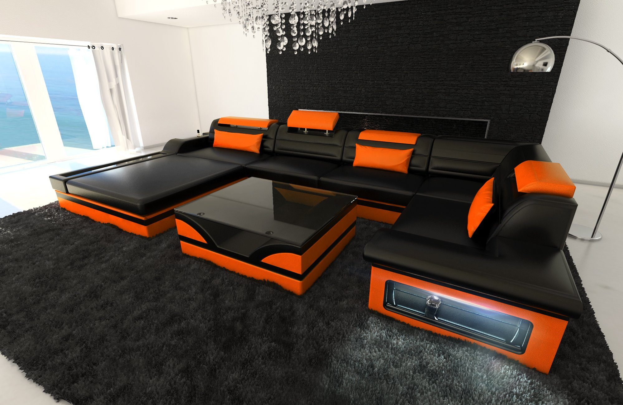 Sofa Dreams Wohnlandschaft mit Mezzo Bettfunktion Sofa Form Designersofa Leder mit U Couch, LED, Ledersofa, wahlweise Schlafsofa, als