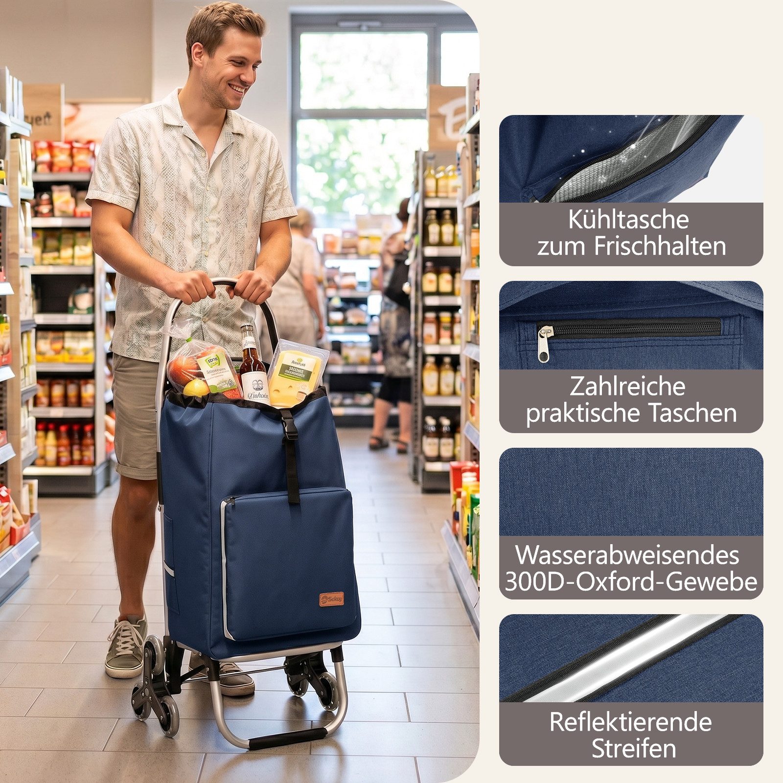 Sekey Einkaufstrolley Aluminium 2-in-1 Faltbar Einkaufstrolley Treppensteiger mit Kühltasche, 50 l zusammenklappbarer Transportwagen Treppensteiger Einkaufswage – Bild 5 von 5