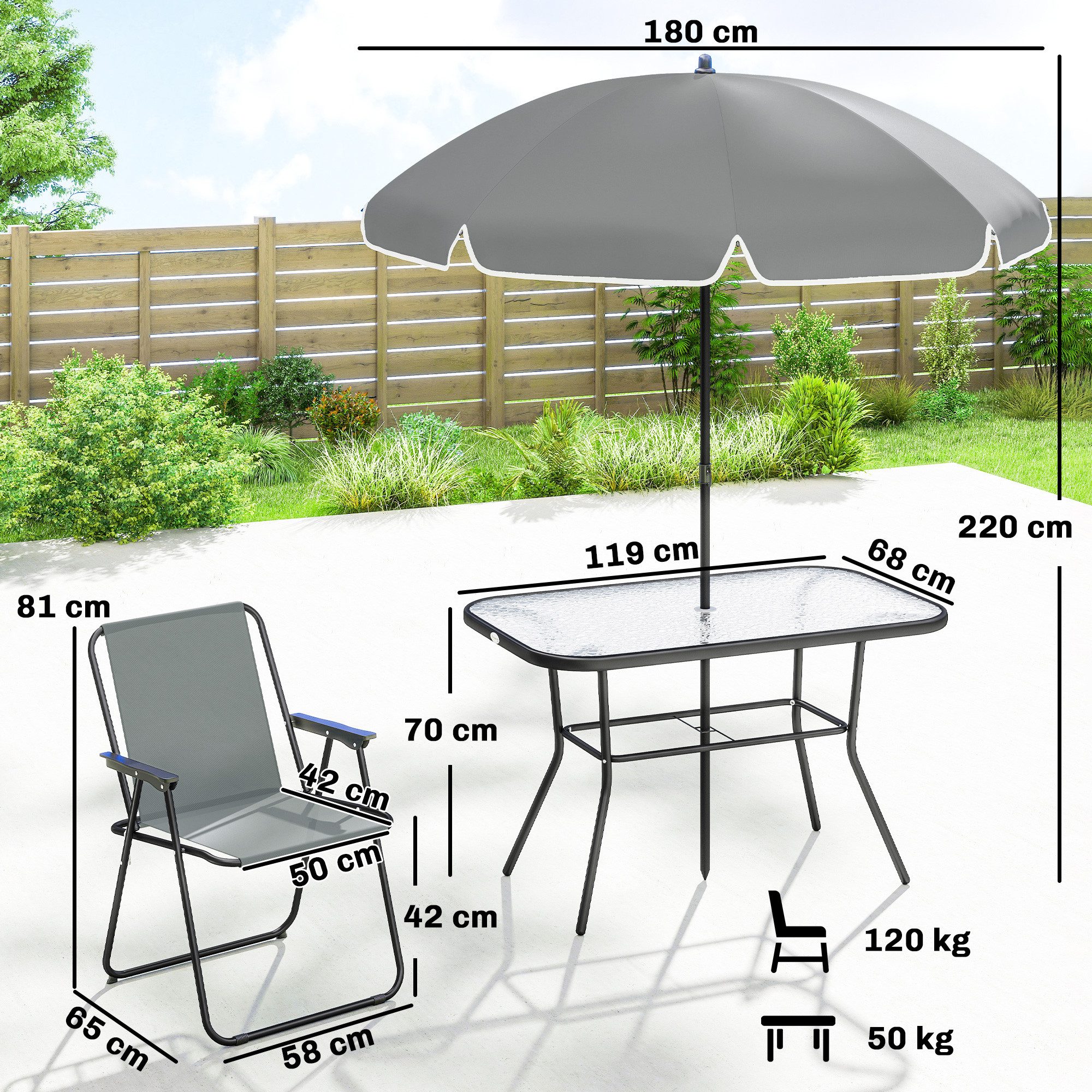 Outsunny Garten-Essgruppe Sitzgruppe 119 x 68cm Glastisch mit 6 Klappstühlen Sonnenschirm, (Gartenset, 8-tlg., Gartenmöbel Set), für Garten Terrasse Grau – Bild 3 von 5