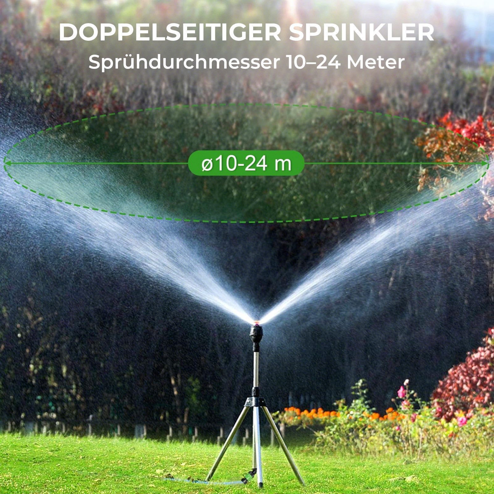 Jibenhome Gartenspritze Rotierend Dreibein Regner,Kreisregner Sprinkler,360°Abdeckung, Gartenbewässerung, mit Metall Stativsockel,für Rasen, Garten und Hof – Bild 3 von 5