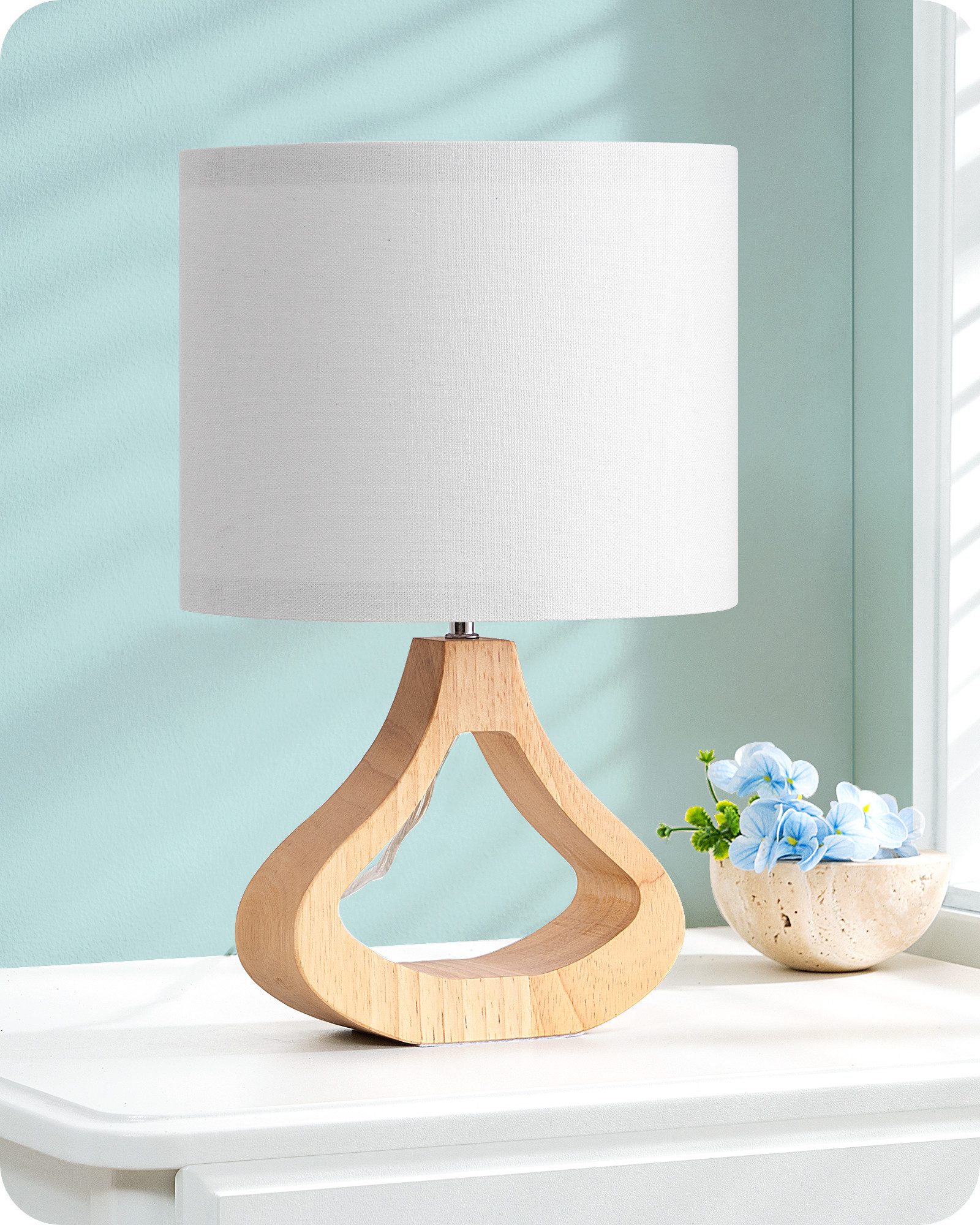 EDISHINE Nachttischlampe Höch 34cm Holz, LED wechselbar, warmweiß, Lampe mit Ein-/Ausschalter, E27 Fassung mit 2700K LED-Glühbirne