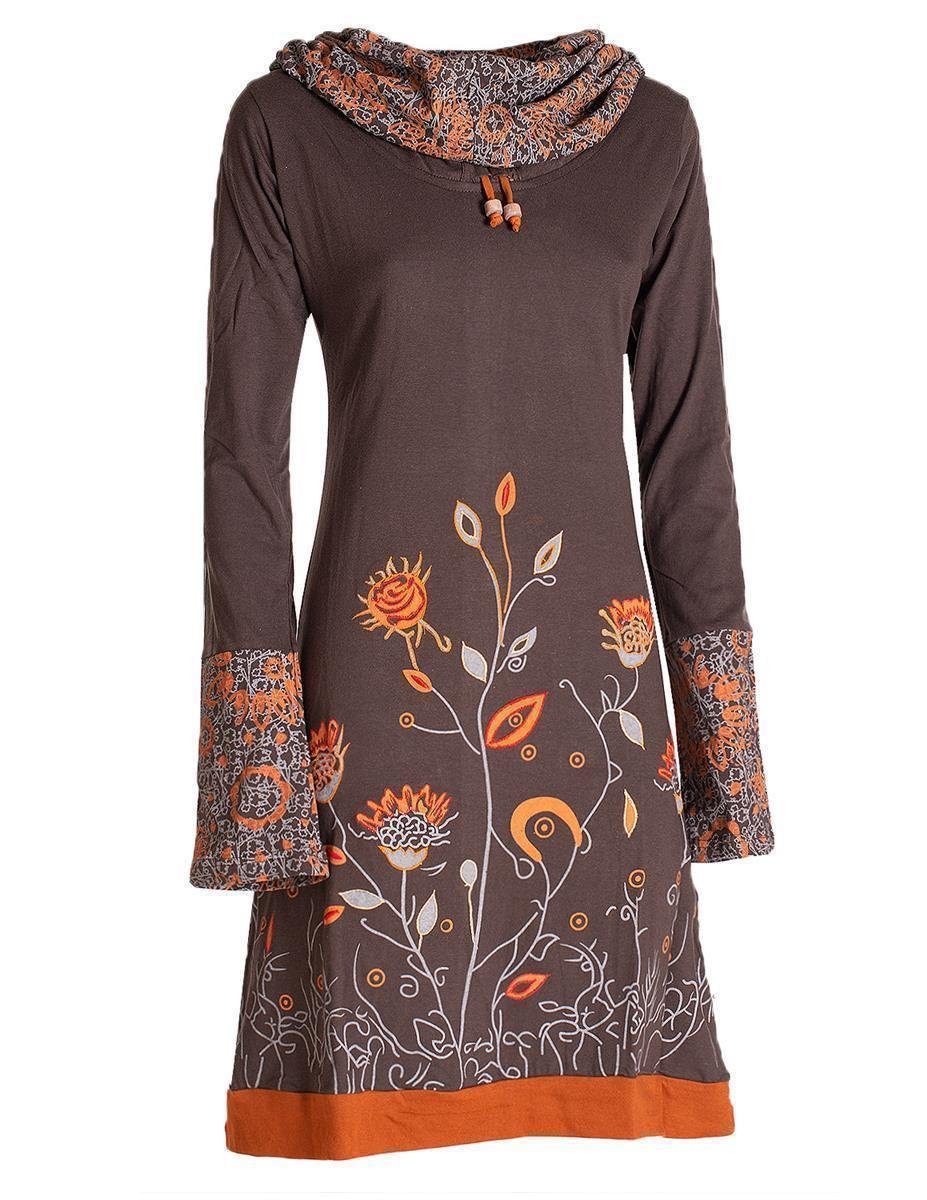 Vishes Jerseykleid Blumen-Kleid Langarm-Shirtkleid Schal-Kragen Baumwolle Hippie, Goa, Ethno Elfen Style
