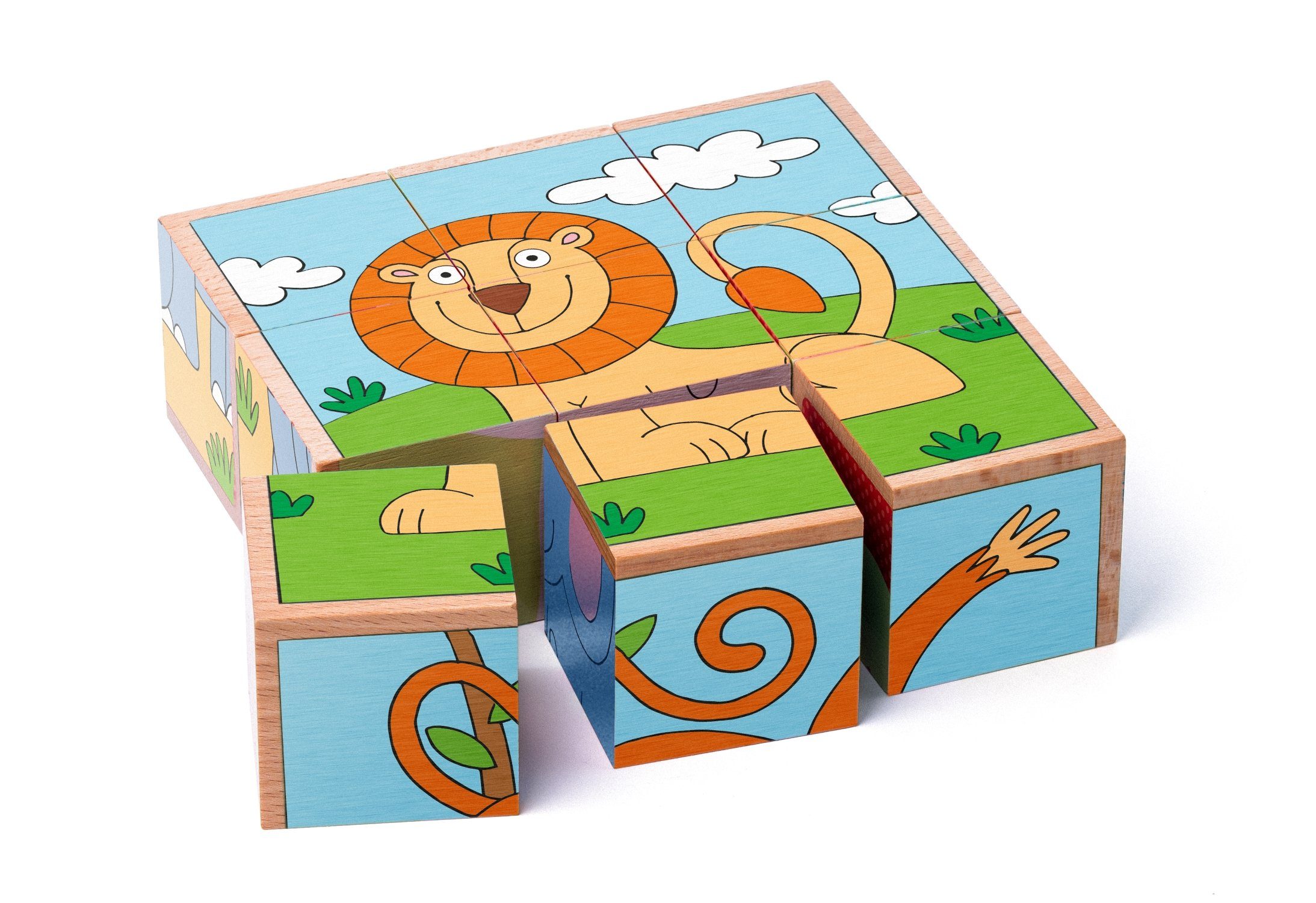 Woodyland Lernspielzeug Holz - Puzzle Cubes / Würfelpuzzle mit 6 Motiven zum Thema Tiere, 9 Würfel rundum bedruckt