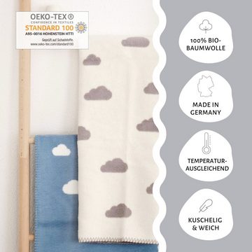 Babydecke mit Wolken aus 100% Bio-Baumwolle, OEKO-TEX zertifiziert, kids&me, kuschelige Schmusedecke für Babys in blau und grau