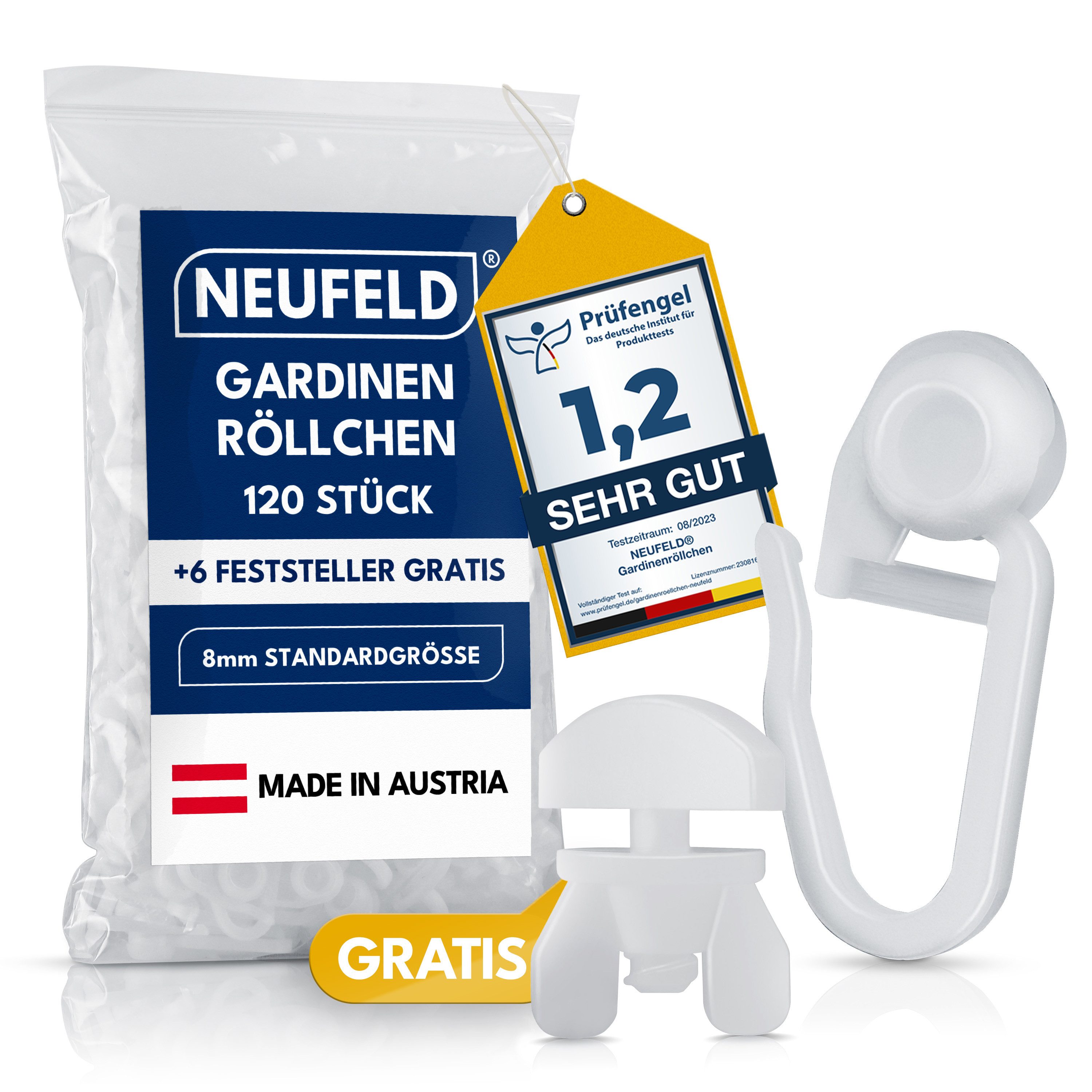 NEUFELD Gardinenröllchen für Schienen 120 Stück inkl. 6 Feststeller I Vorhanggleiter, Gardinenschienen mit 8 mm Laufkanal, Innenlauf-Gardinenschienen, (Set), Waschfest Leichtläufig Bruchsicher 8 mm Standardgröße