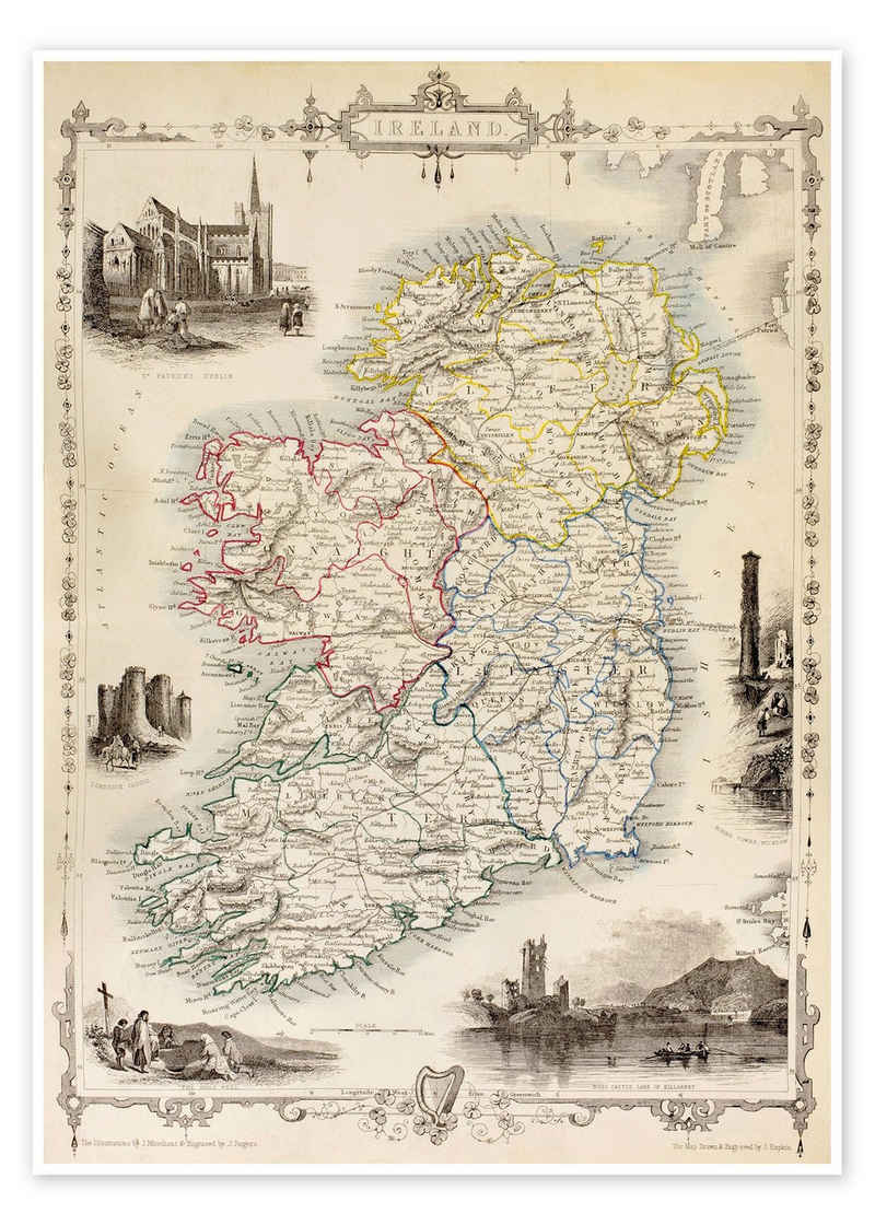 Posterlounge Poster Ken Welsh, Karte von Irland von Thomas Wright (18. Jh), Wohnzimmer Vintage Illustration