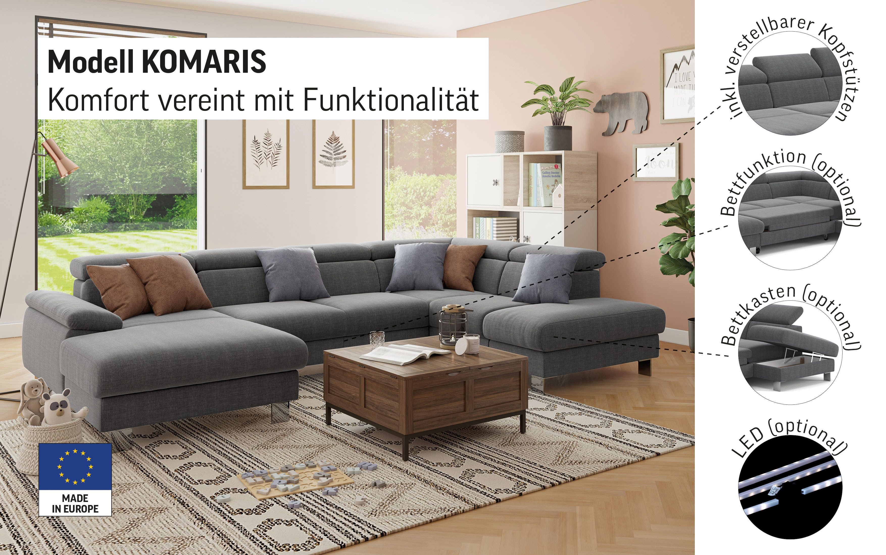 COTTA Wohnlandschaft Komaris U-Form, B: 320 cm, mit Kopfteilverstellung, optional Bettfunktion, Bettkasten & Licht