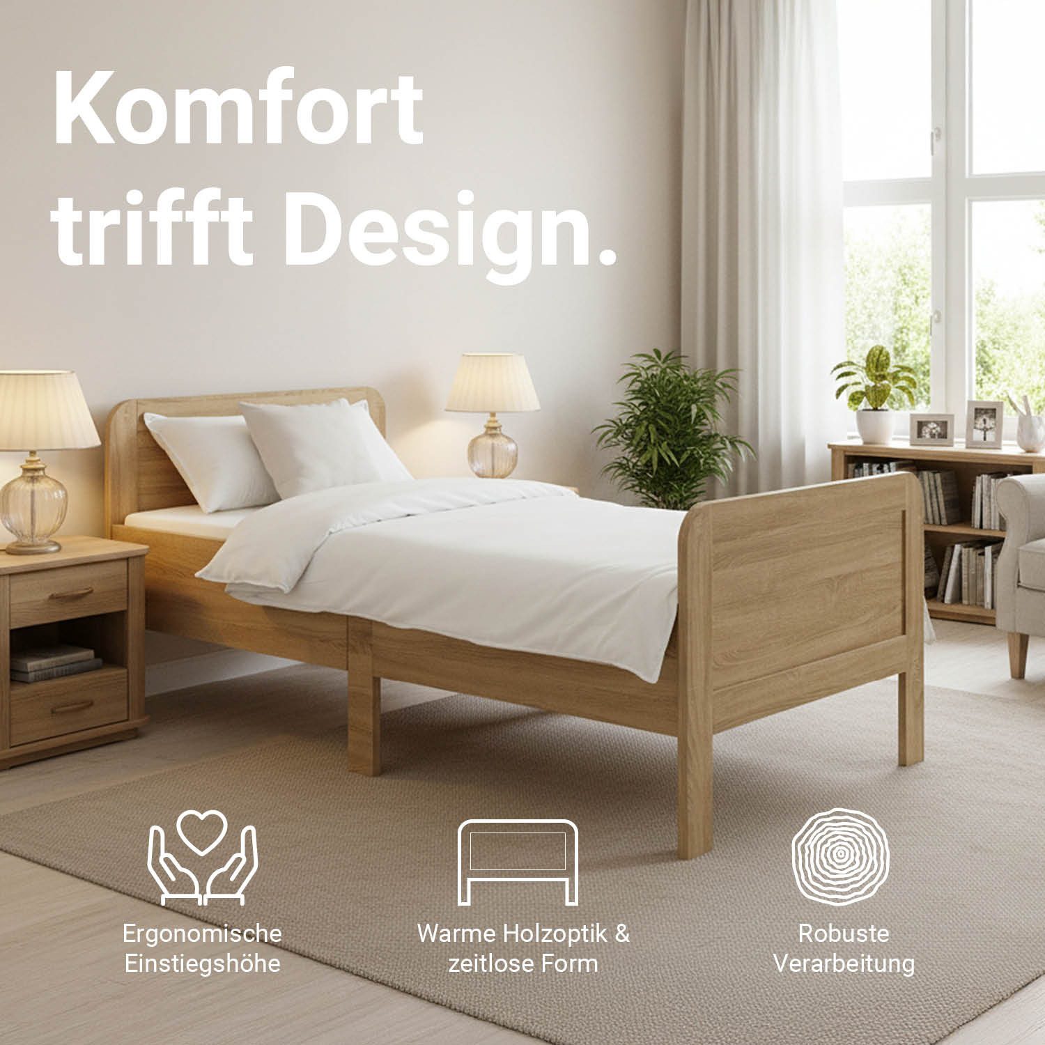 Homestyle4u Funktionsbett 90x200 100x200 120x200 Holzbett Seniorenbett Komfortbett Braun Weiß, 100x200, Aufbau per Stecksystem, höhenverstellbar, erhöhter Einstieg