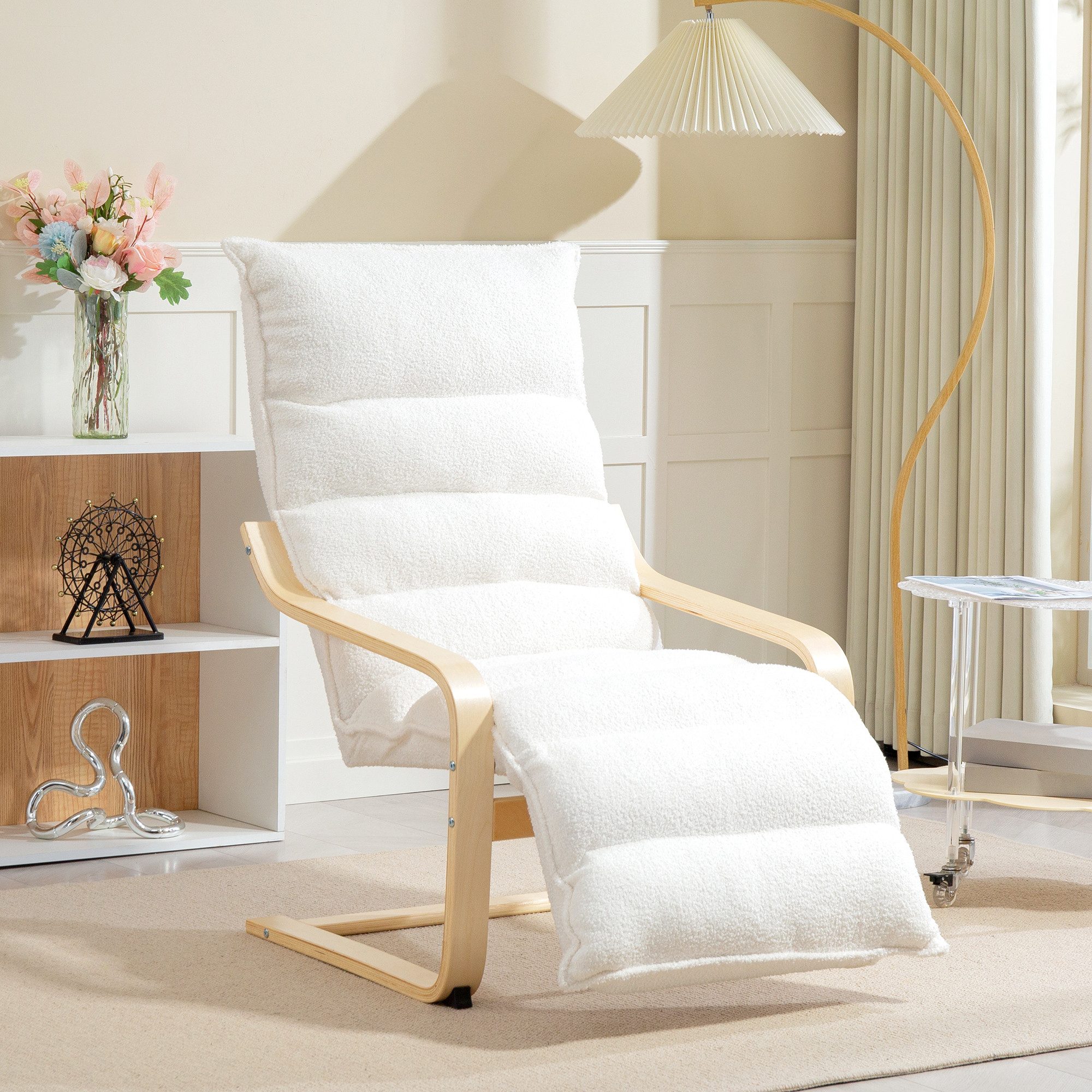HOMCOM Relaxsessel Loungesessel mit Stoff in Samtoptik, mit Armlehne, Schwingstuhl (gepolsterter Relaxsessel mit verstellbarer Fußstütze, 1-St., moderner Sessel für Wohnzimmer), 93-114 x 67 x 105 cm, Weiß