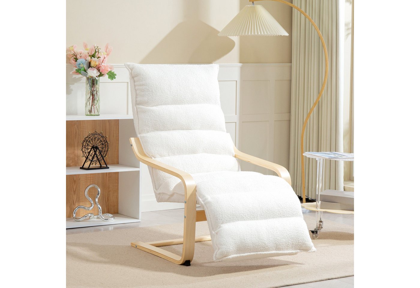 HOMCOM Relaxsessel Loungesessel mit Stoff in Samtoptik, mit Armlehne, Schwingstuhl (gepolsterter Relaxsessel mit verstellbarer Fußstütze, 1-St., moderner Sessel für Wohnzimmer), 93-114 x 67 x 105 cm, Weiß