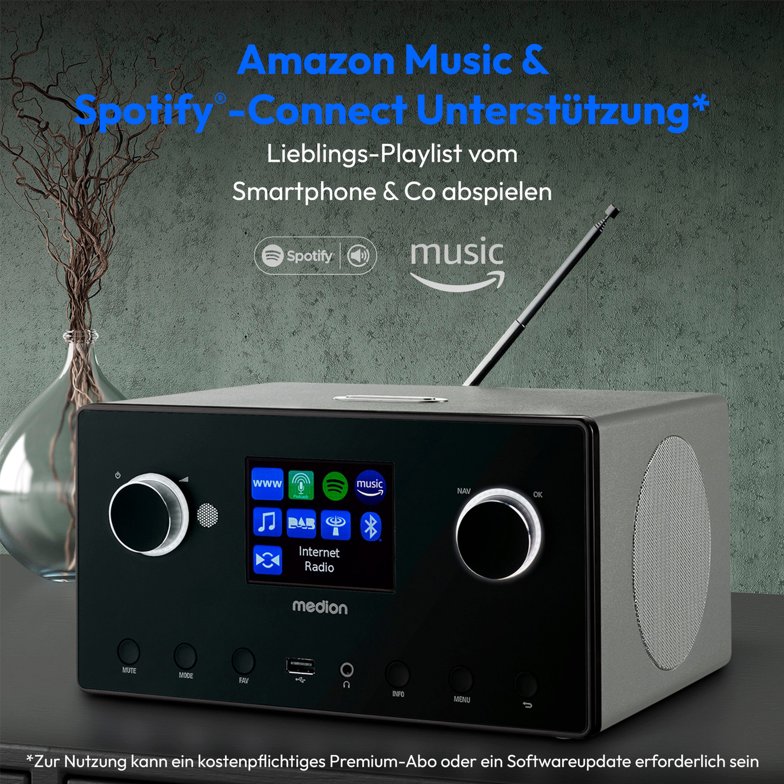 Medion® Internetradio MEDION® LIFE® P85444 (MD89295) Radio (AM/FM, Amazon Music, MW/UKW, Spotify, WiFi, DAB+, 30 W, DAB+ UKW Radio, WLAN, Bluetooth, 8,1 cm (3,2) TFT-Farbdisplay)