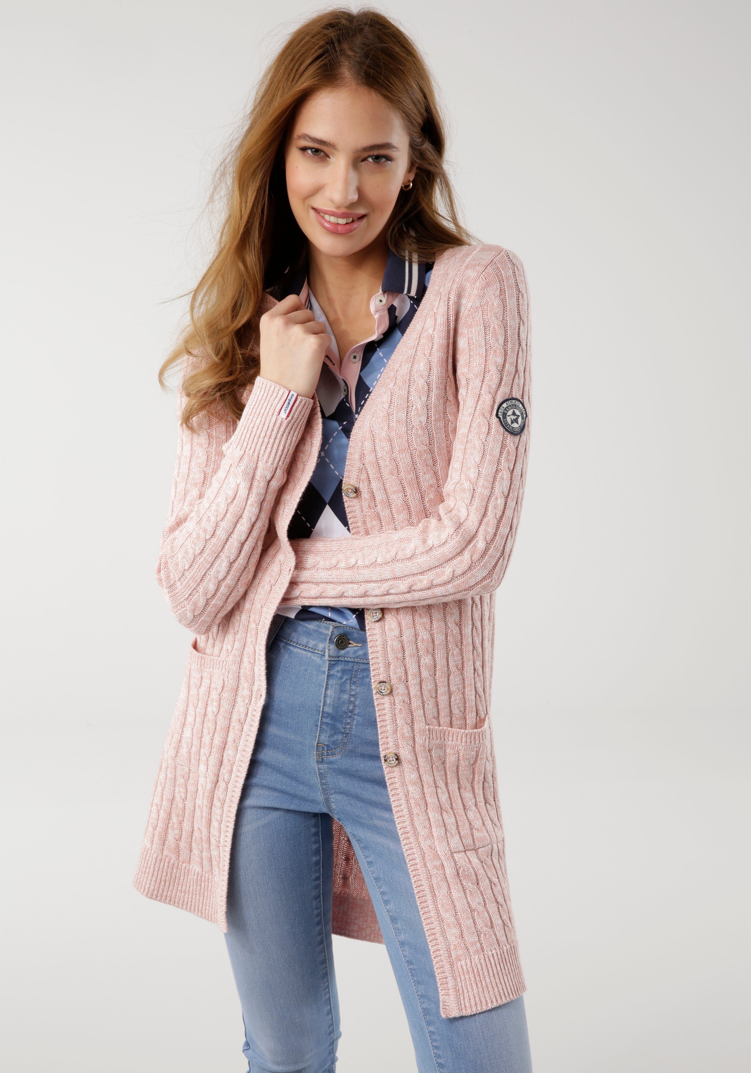 Zopfmuster Longstrickjacke und trendigem Taschen KangaROOS rosa-meliert mit