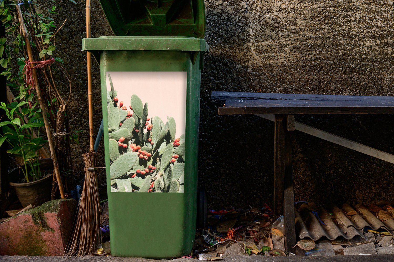Mülleimer-aufkleber, Container, Wand Abfalbehälter einer MuchoWow Sticker, Wandsticker Feigenkaktus rosa St), Mülltonne, vor (1