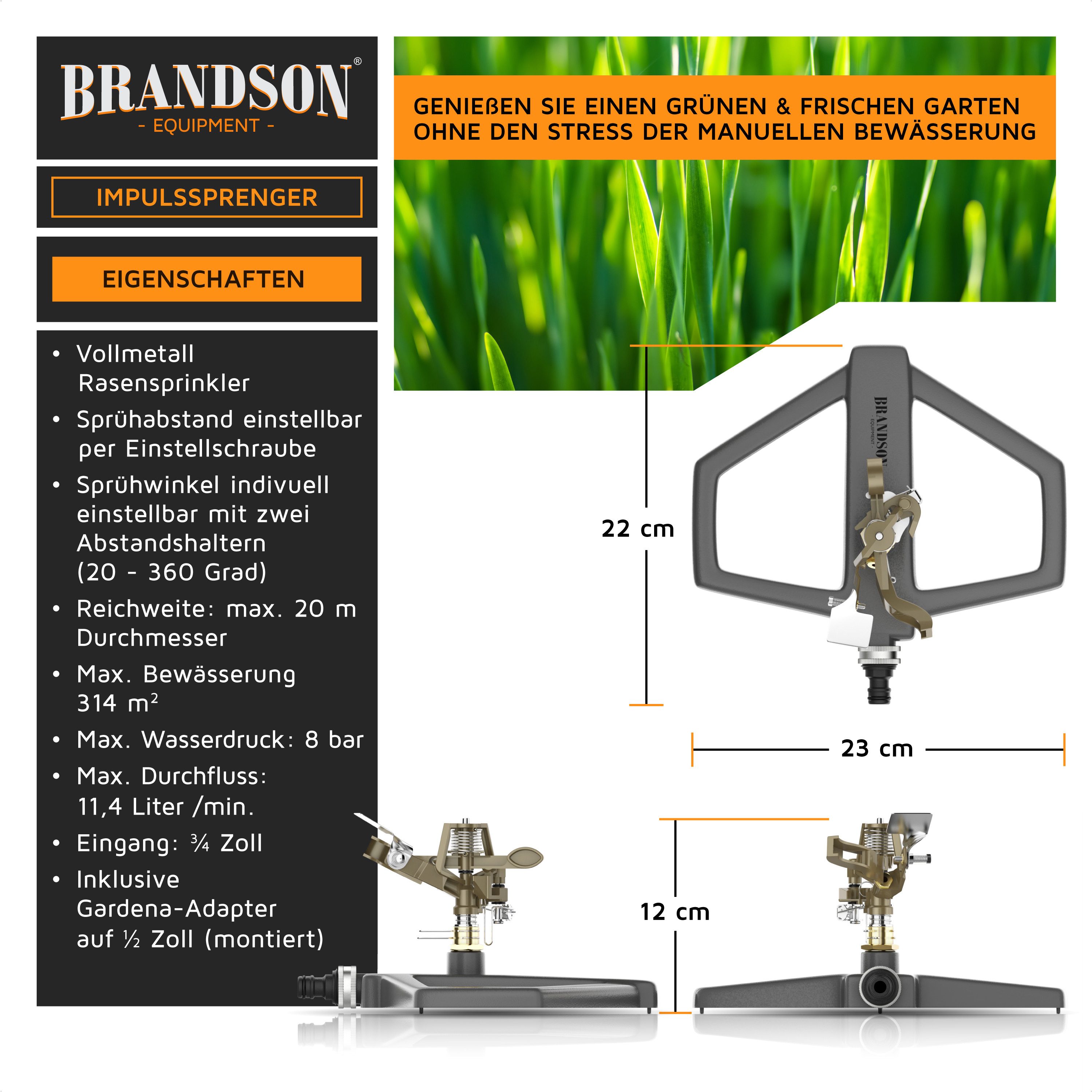 Brandson Kreisregner Vollmetall-Rasensprinkler 360°, Impulskreisregner, für Flächen bis 314 m², (2-St), einstellbar & robust (bis 20 m), Metall, Zink, Gardena-k – Bild 2 von 5