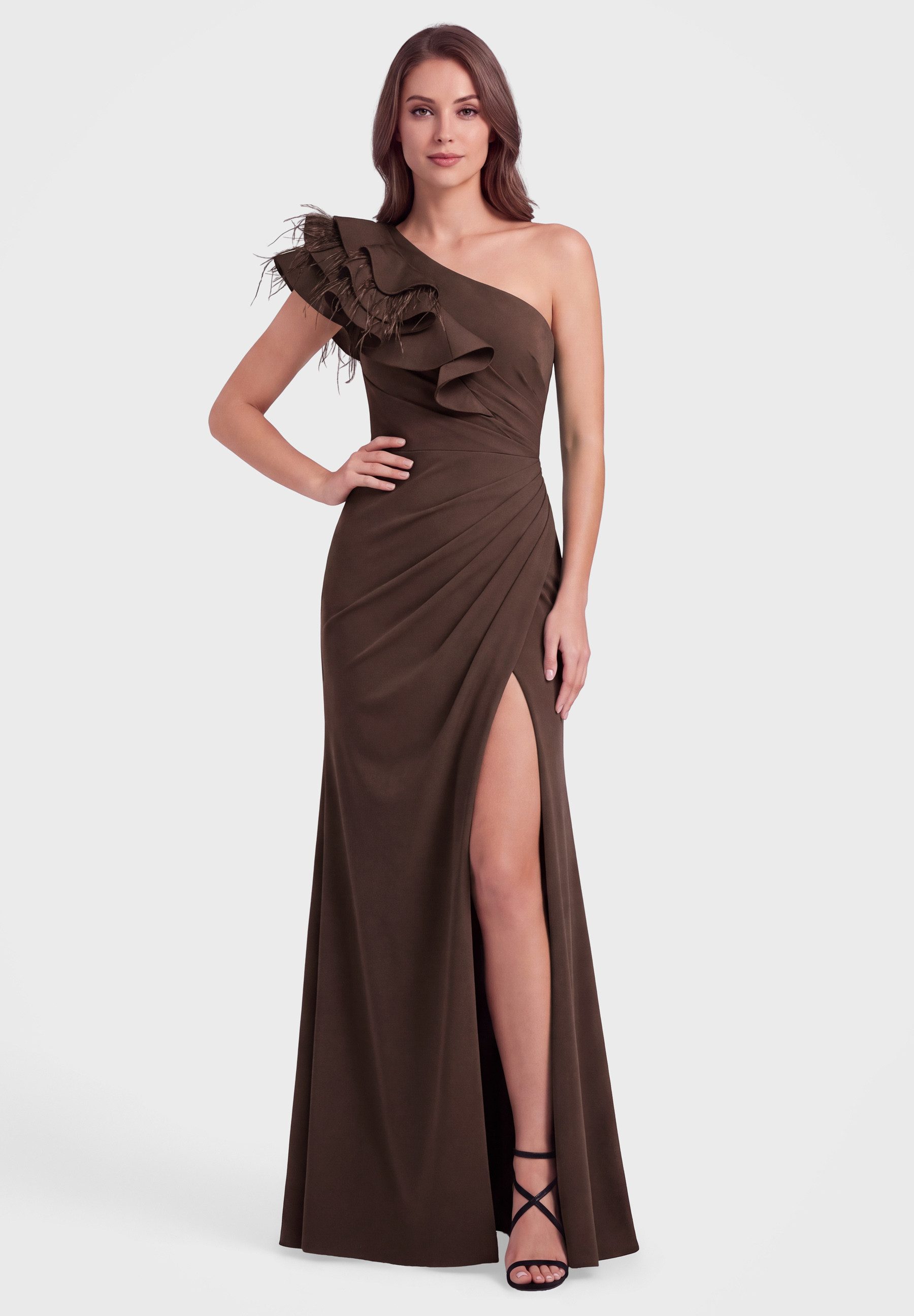 OMBRE Abendkleid Abendkleid Maxi mit asymmetrischem Schnitt Braun L (kein Set, 1-tlg) in Unifarbe