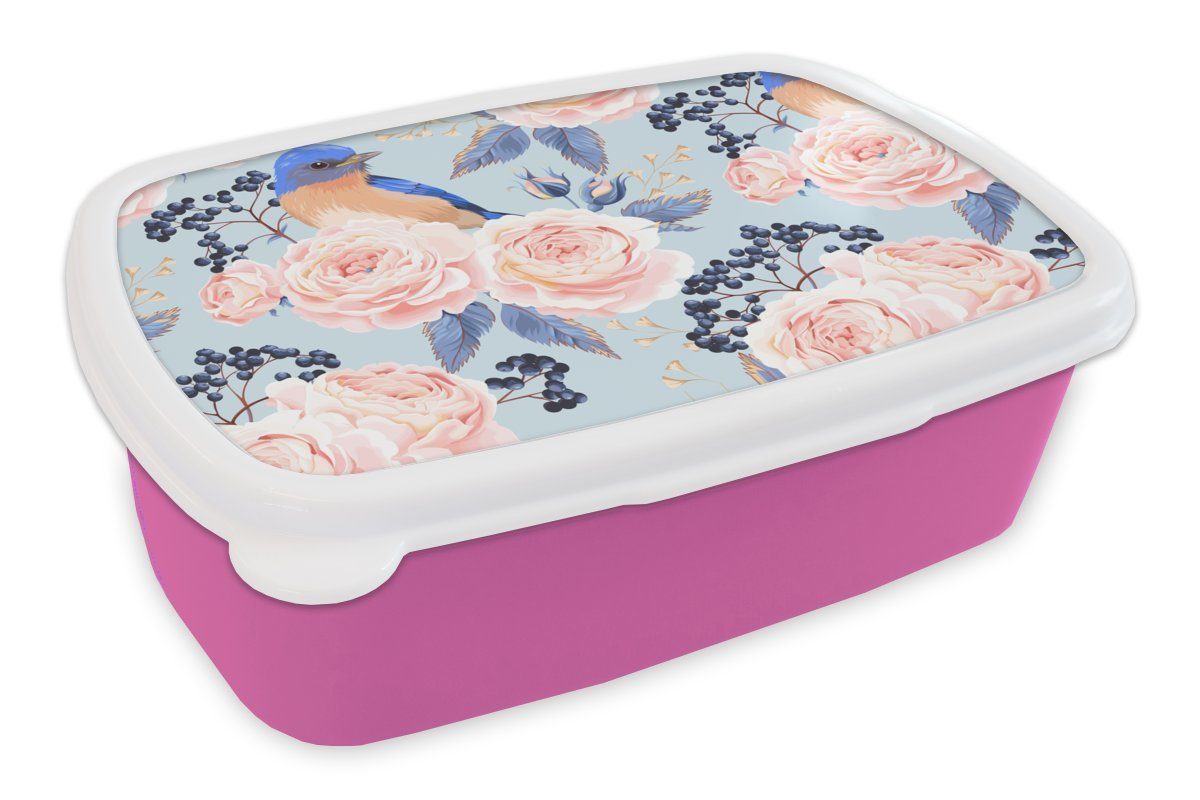 MuchoWow Lunchbox Muster - Rose - Vogel - Blau, Kunststoff, (2-tlg), Brotbox für Erwachsene, Brotdose Kinder, Snackbox, Mädchen, Kunststoff rosa