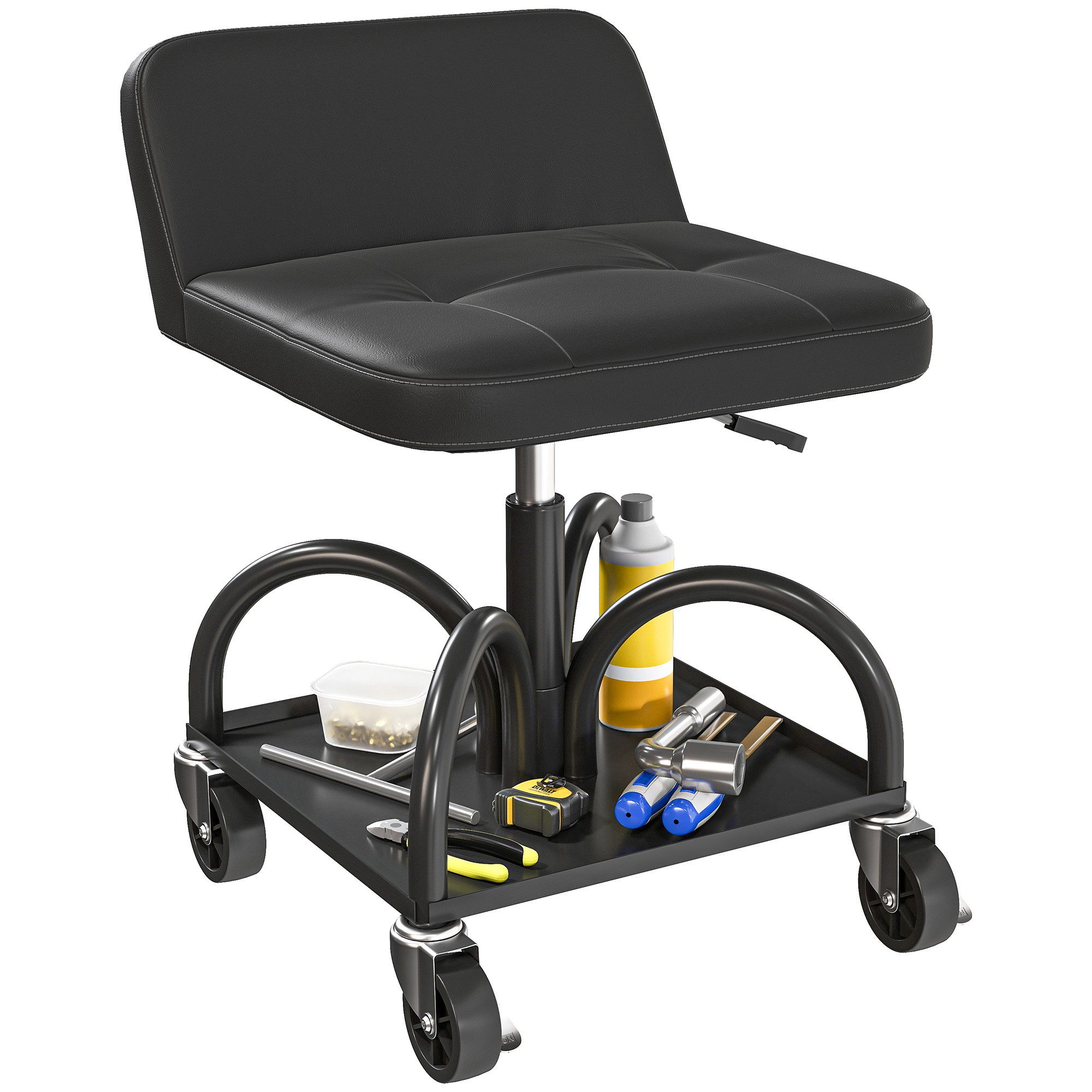 HOMCOM Montagehocker mit Rollen, Ablagefläche, Lendenstütze (Werkstatthocker, 1 St., 58,5 cm hoch Rollhocker), bis 135 kg belastbar, für Werkstatt Schwarz