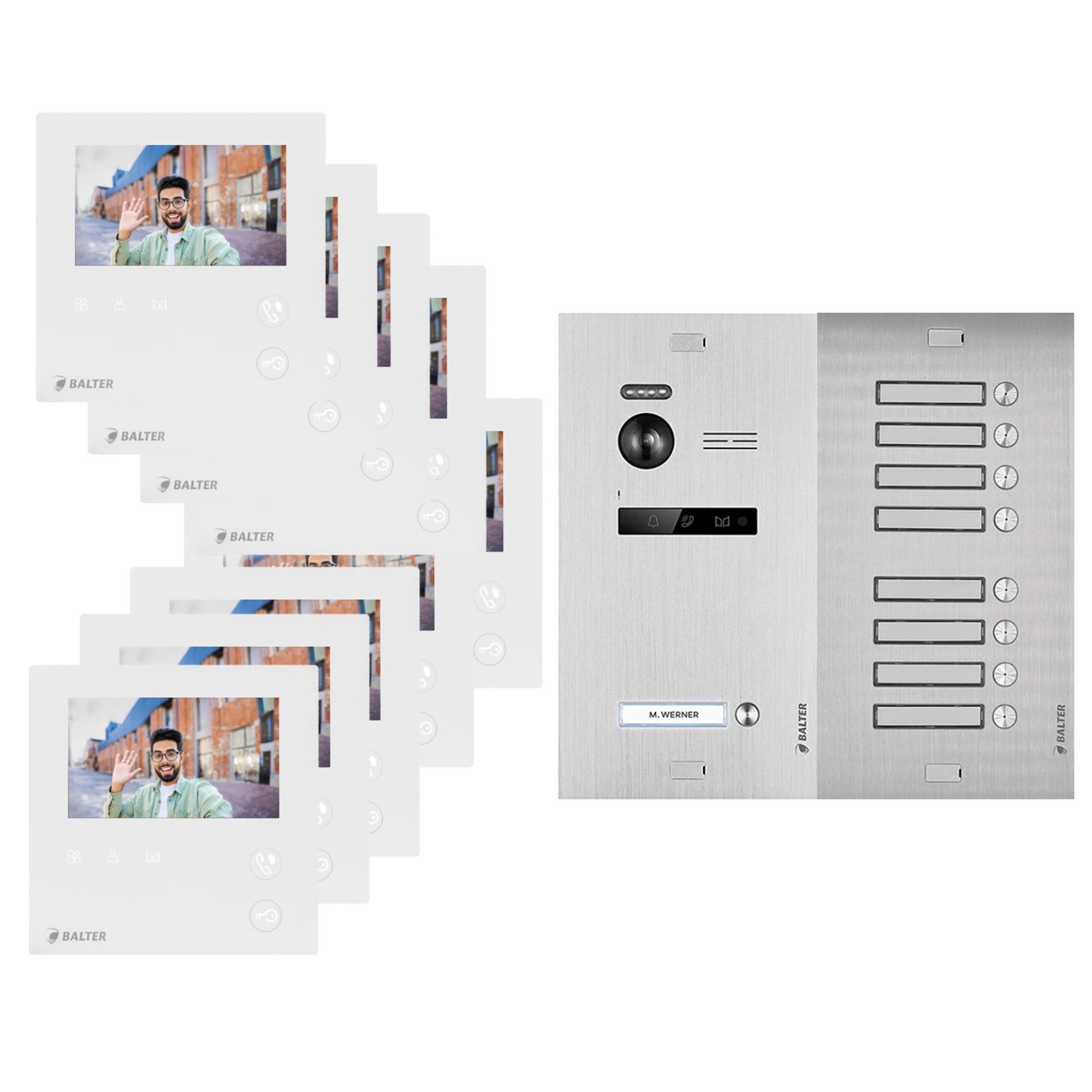 Balter Video-Türsprechanlage EVO MINI Komplettsystem für 9-Familienhaus Silber 9x 4.3" Monitore (Set, 9-Familienhaus, Komplettsett, 2-Draht BUS, 150° Weitwinkel-Kamera)