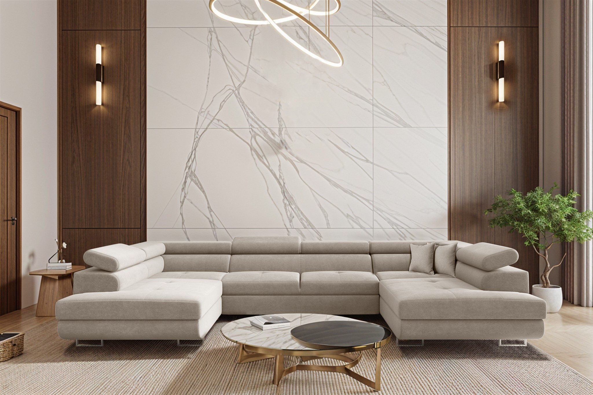 Fun Möbel Wohnlandschaft FUN ALEXIS Sofa in U-Form mit Schlaffunktion Velourstoff Nova, Rücken echt bezogen