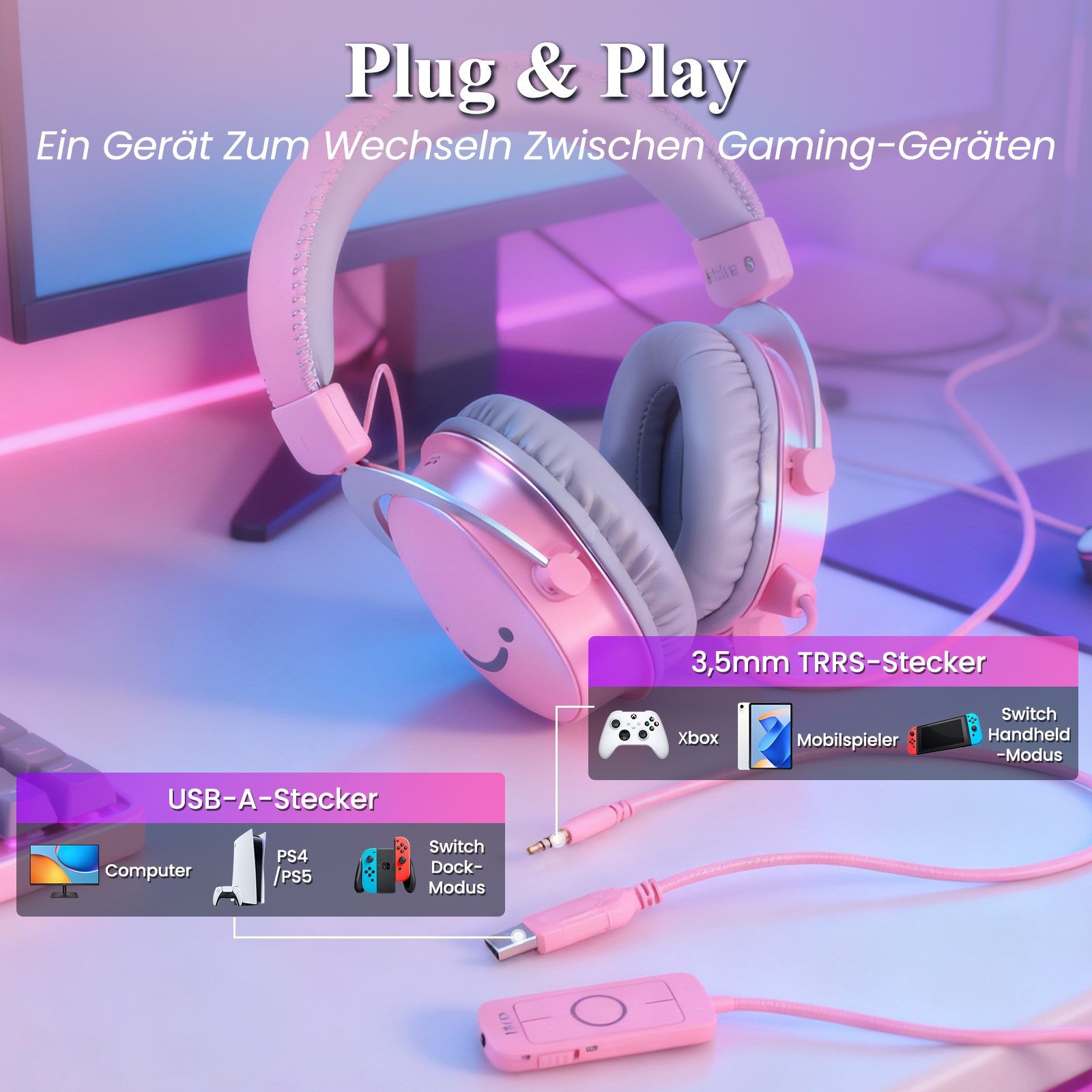 FIFINE Mikrofon Gaming Headset mit Mikrofon, Over Ear Kopfhörer mit Kabel, USB Headset für PC PS4 PS5 Xbox Switch, RGB Headphone