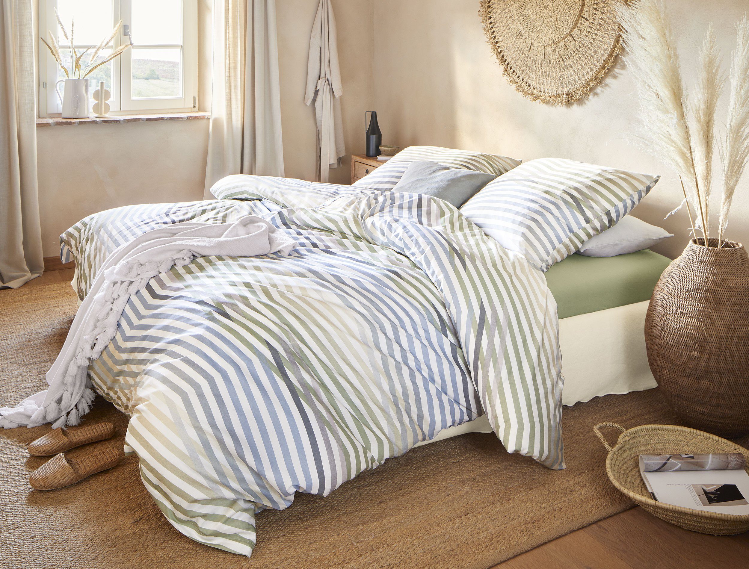 Bettwäsche Irisette Sky Mako-Satin Bettwäsche 155x220 Streifen olive ...