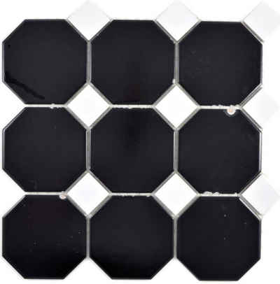 Mosani Mosaikfliesen Octagon Keramikmosaik Mosaik schwarz mit weiß matt / 10 Matten