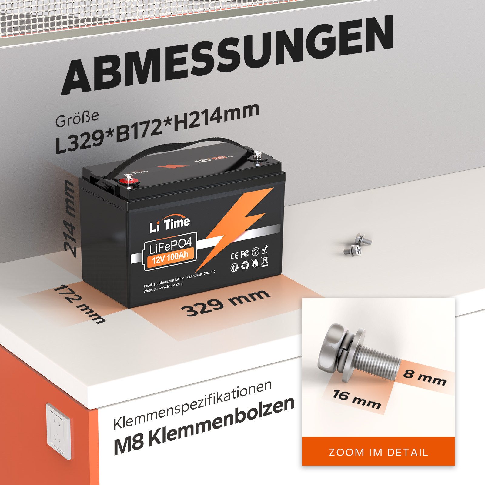 LiTime 12V 100Ah LiFePO4 Batterie mit BMS IP65 1280Wh Stromspeicher Solarakkus (12 V), L329*B172*H214 mm, für Wohnmobile, Boote, Wohnwagen und Solaranlagen – Bild 5 von 5