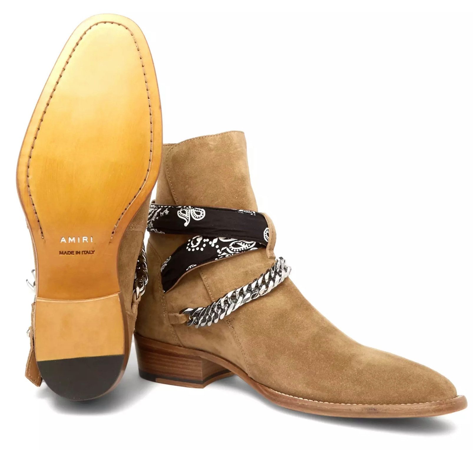 AMIRI Jodhpur Ketten Schuhe Bandana Suede Schuhe Bootsschuh Crossover-Bandana-Riemen, Silberfarbene Kette