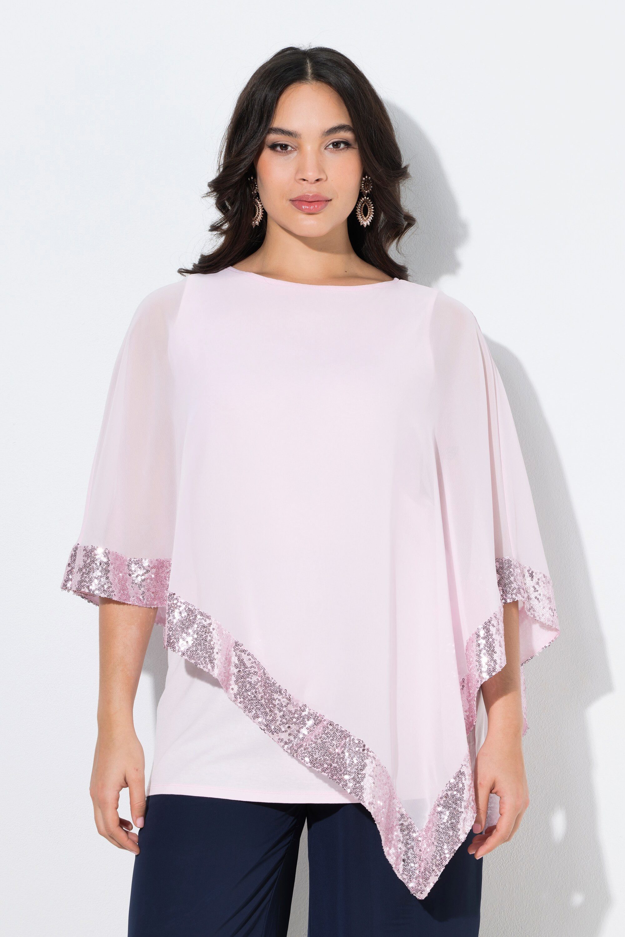 Ulla Popken Druckbluse Bluse Chiffon-Überwurf U-Boot-Ausschnitt 3/4-Arm