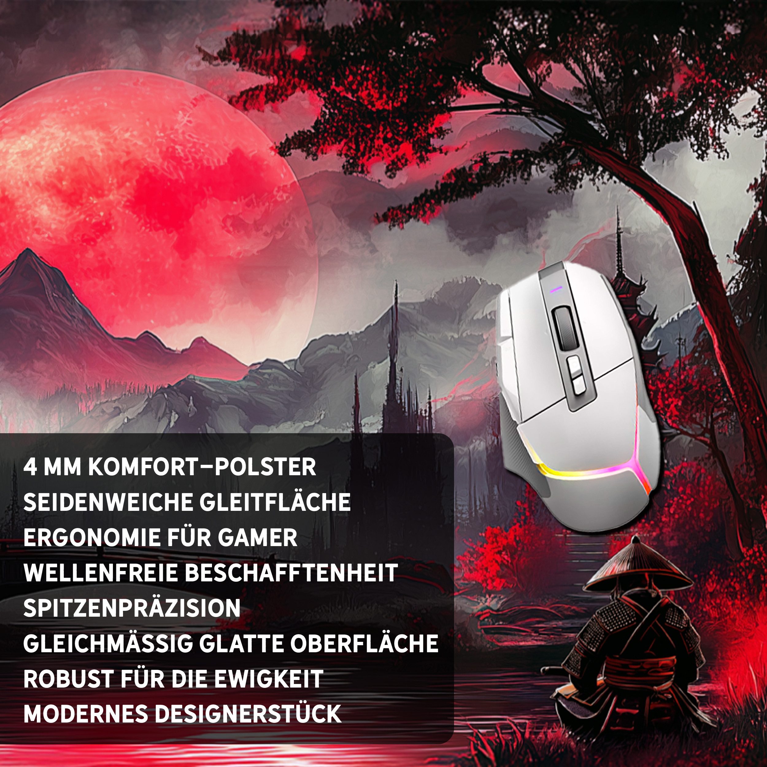 Sunnywall Gaming Mauspad Speed Mousepad XXL Premium 4 mm - Red Moon Mond Japan Tempel (inkl. Wallpaper), 45x40, 80x30, 90x40 cm, rutschfest, vernähte Ränder, Ti – Bild 4 von 5