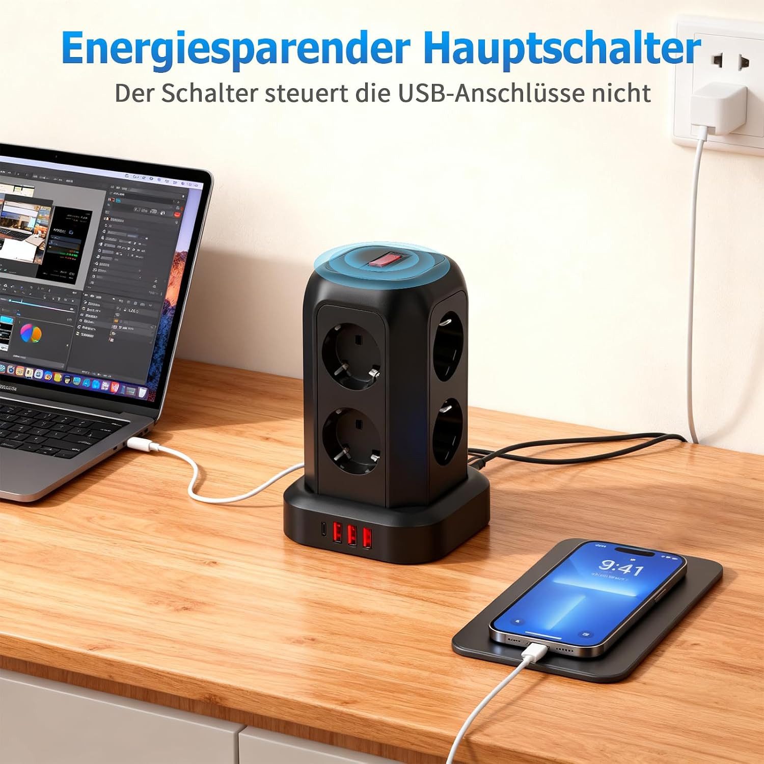 Toomoke 12-in-1 Steckdosenturm mit 8 Steckplätzen und 4 USB-Anschlüssen Mehrfachsteckdose 8-fach (3 USB A und 1 USB C Mehrfachsteckdose, Kabellänge 1.8 m), USB- – Bild 5 von 5