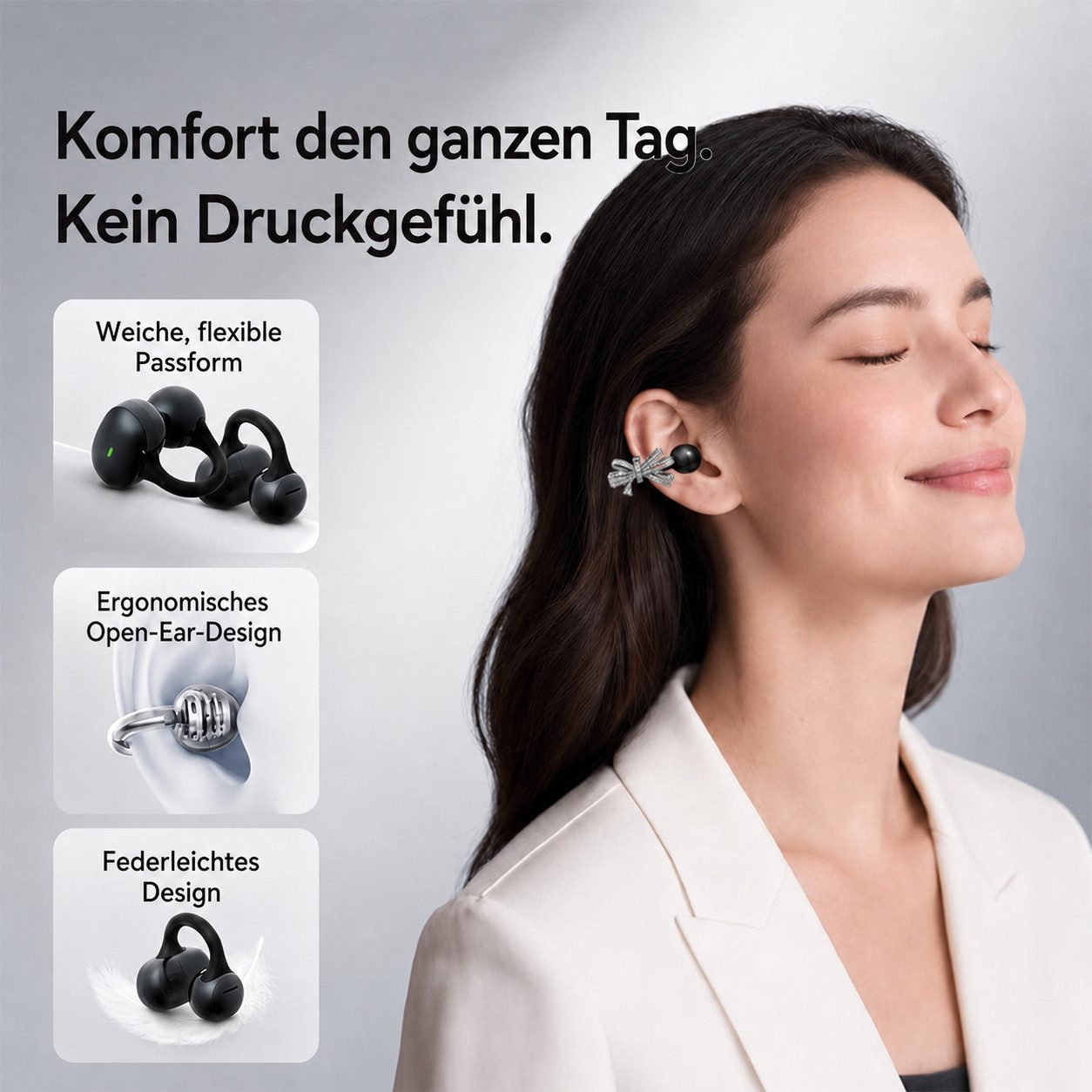 Futicare Bluetooth 6.0 Clip-On-Kopfhörer mit abnehmbarem Deko-Element, Open-Ear-Kopfhörer (kabellose Earbuds mit 60 Std.IPX5, KI-Mikrofon, Geschenkidee für sie)