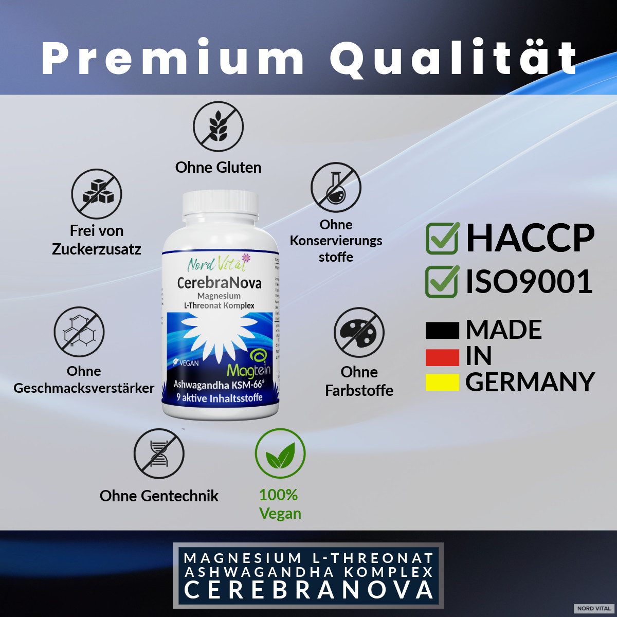 Nord Vital Magnesium L-Threonate - Magtein & Ashwagandha Komplex - 120 Kapseln Kapseln, 93 g