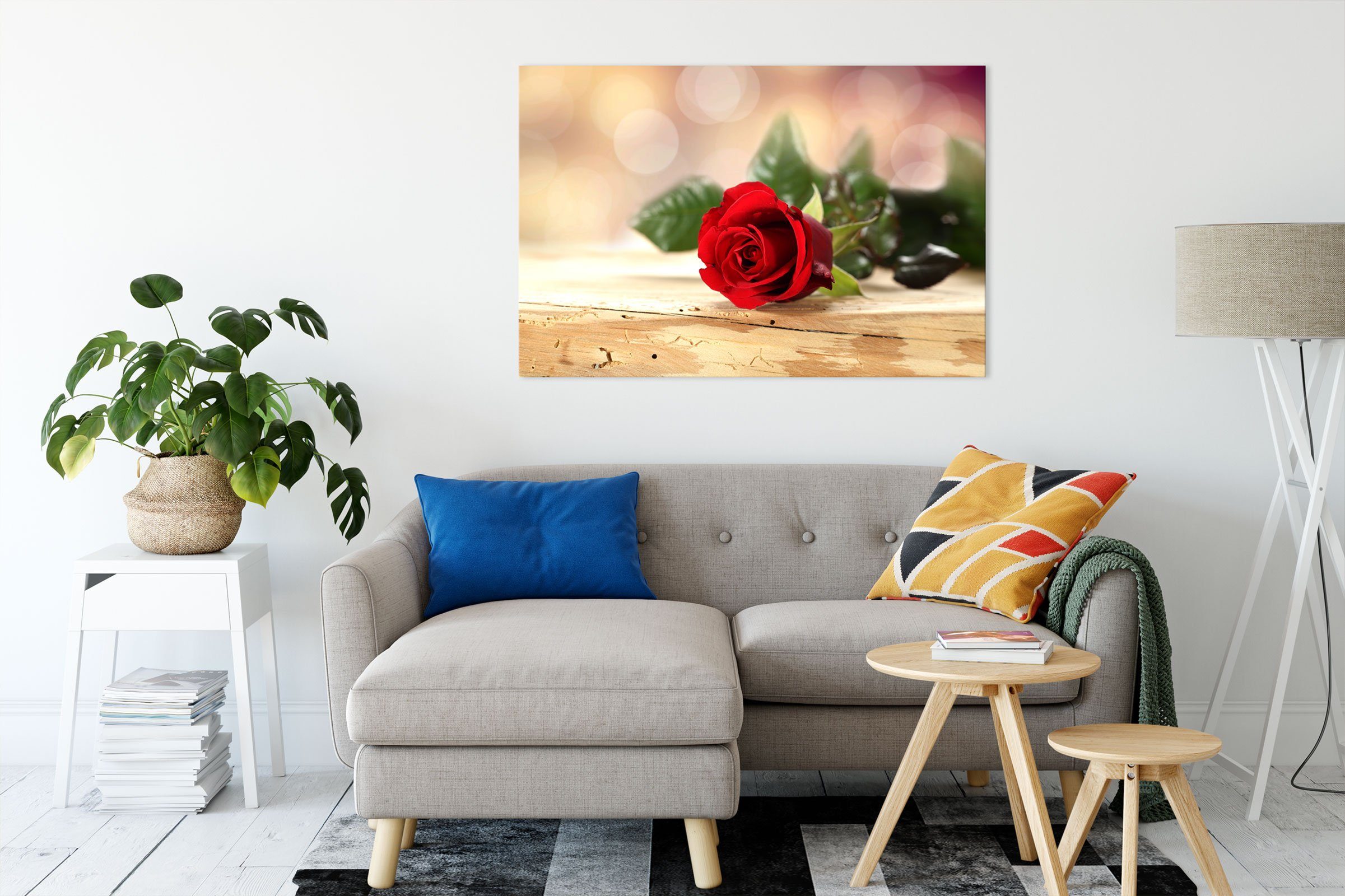 auf Leinwandbild Pixxprint fertig Zackenaufhänger auf Rose Holztisch, St), Holztisch bespannt, (1 Leinwandbild Rose inkl.