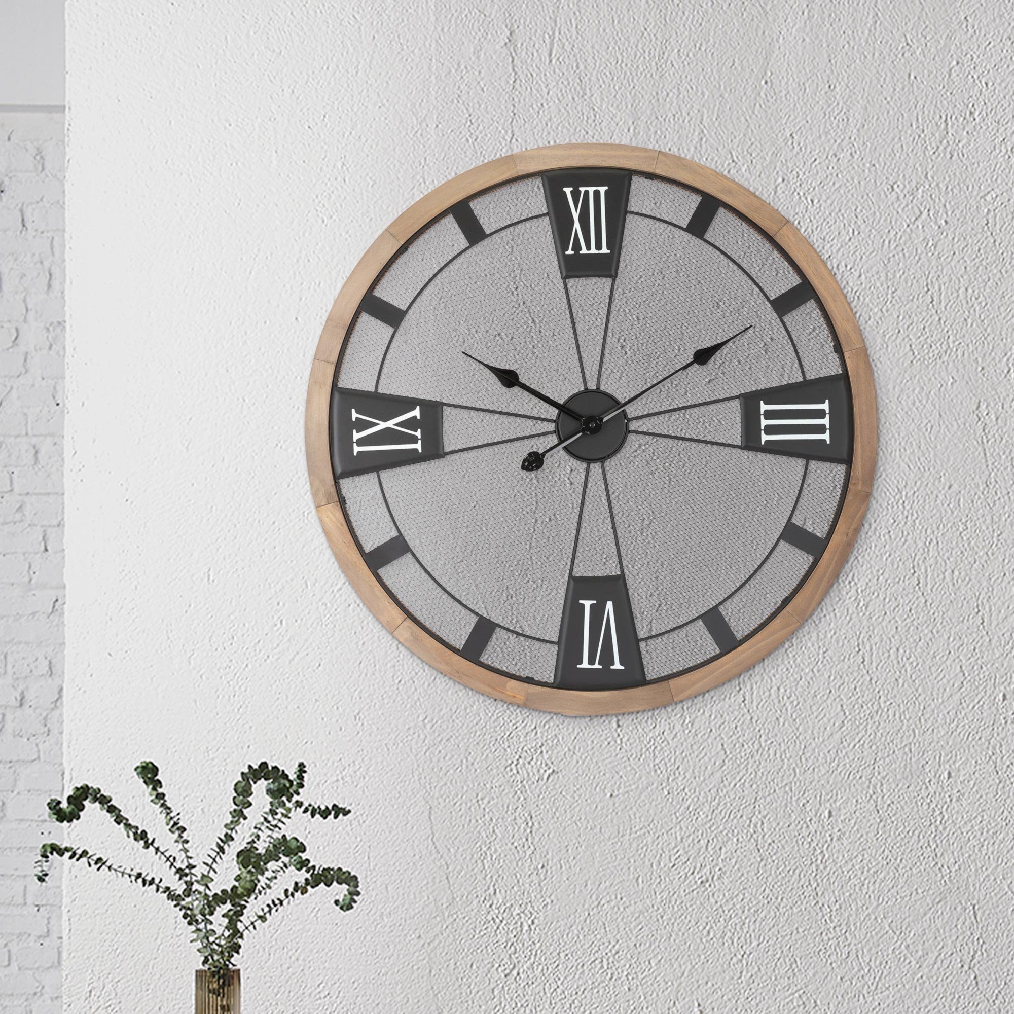 ECD Germany Wanduhr Große Uhr Analoge Wanduhr Dekorative Uhr (MDF-Holz Ø70cm rund Römischen Ziffern MDF-Holz Metall Pinienoptik)