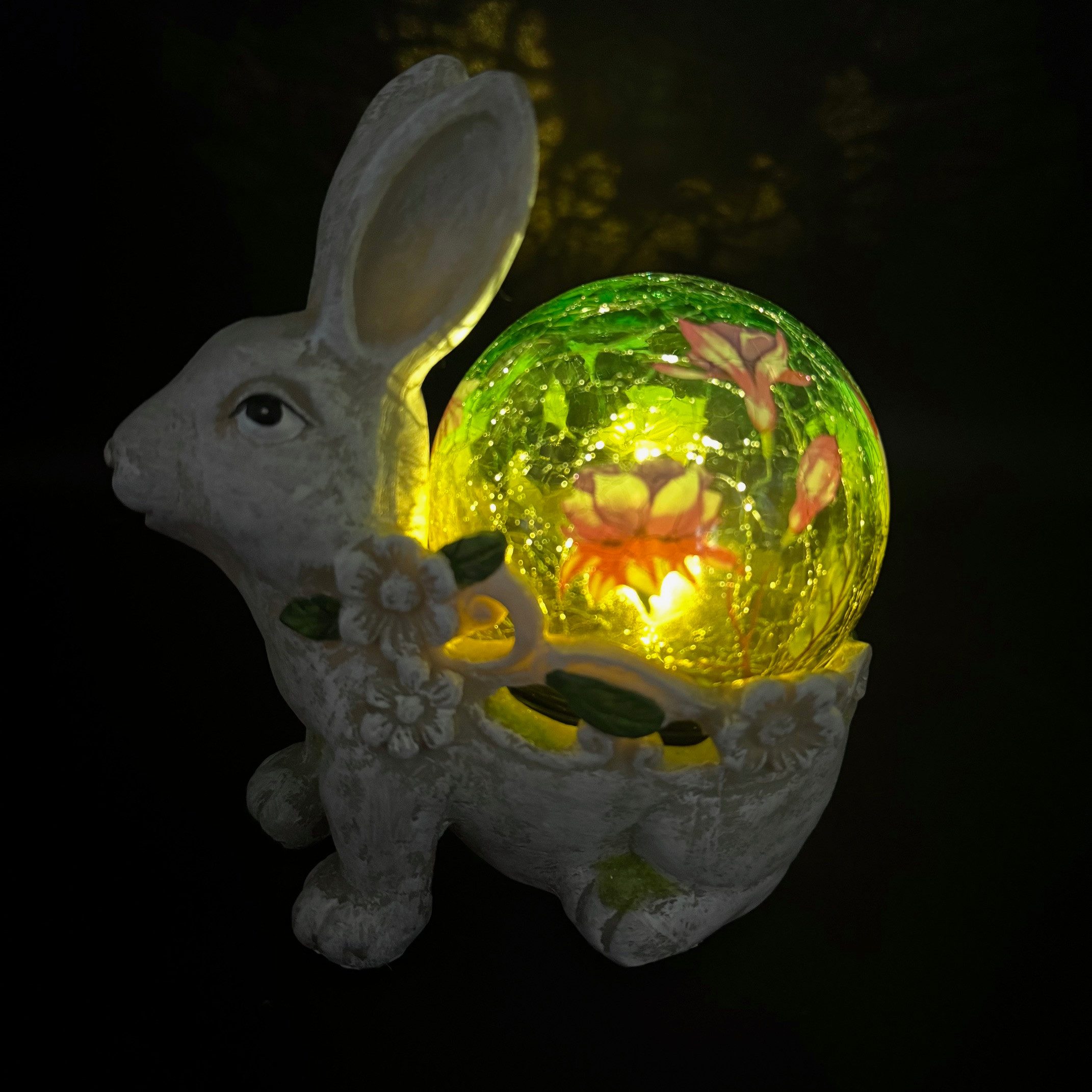 Online-Fuchs Gartenfigur süßer Hase mit LED Solar Glaskugel für draußen - Deko Figuren, Solarkugel in Bruchglasoptik mit Blumenapplikationen