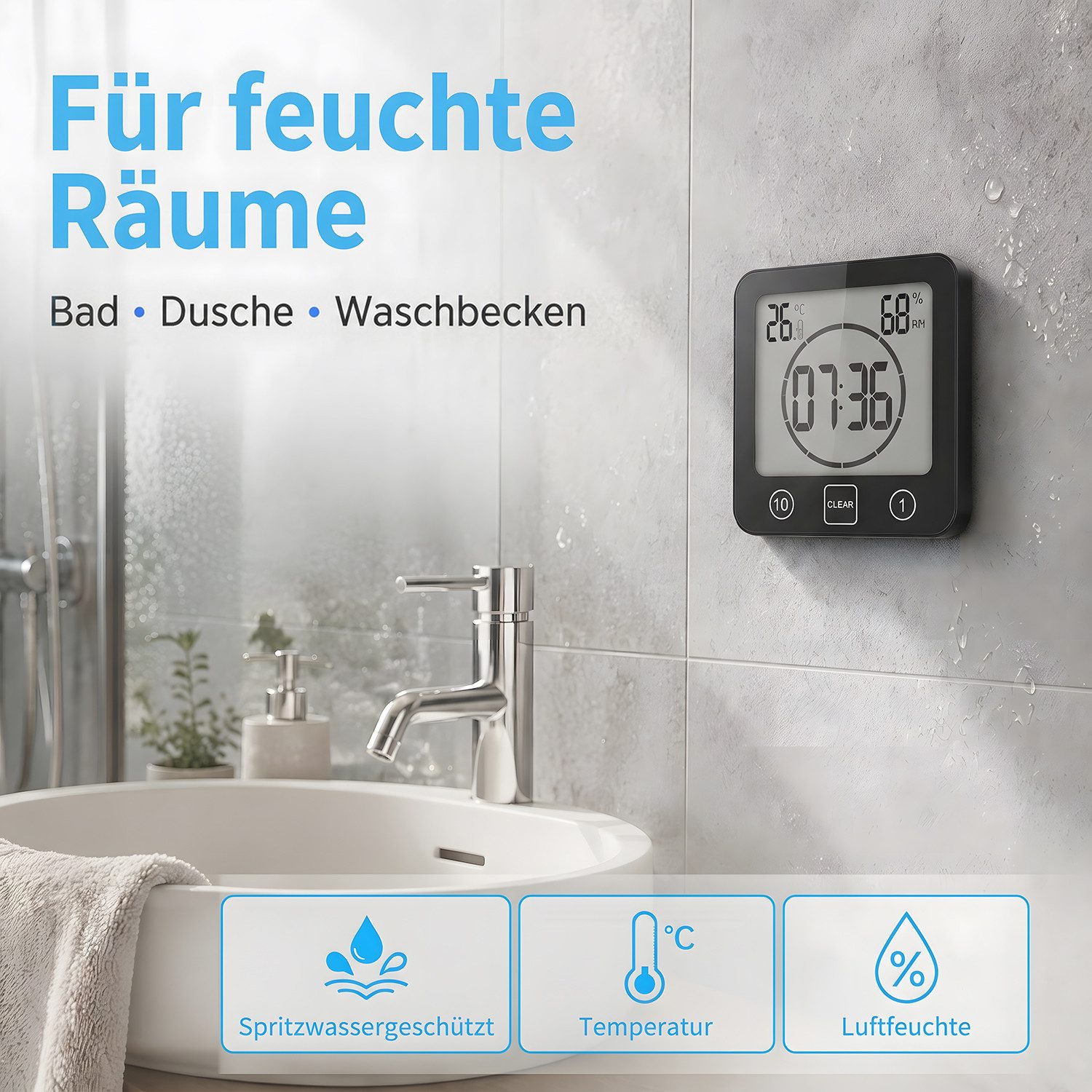 AIMAX Badezimmeruhr Duschuhr mit Saugnapf LCD Display Countdown Timer Für Dusche Küche (Luftfeuchtigkeit Temperatur Wanduhren Funkwanduhr Wecker Wasserdichte) – Bild 2 von 5