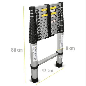 EAXUS Teleskopleiter Ausfahrbare Leiter Aluminium 3,8 Meter DIN EN 131 Mehrzweckleiter, 13 rutschfeste Sprossen, zusammenklappbar auf 86 cm