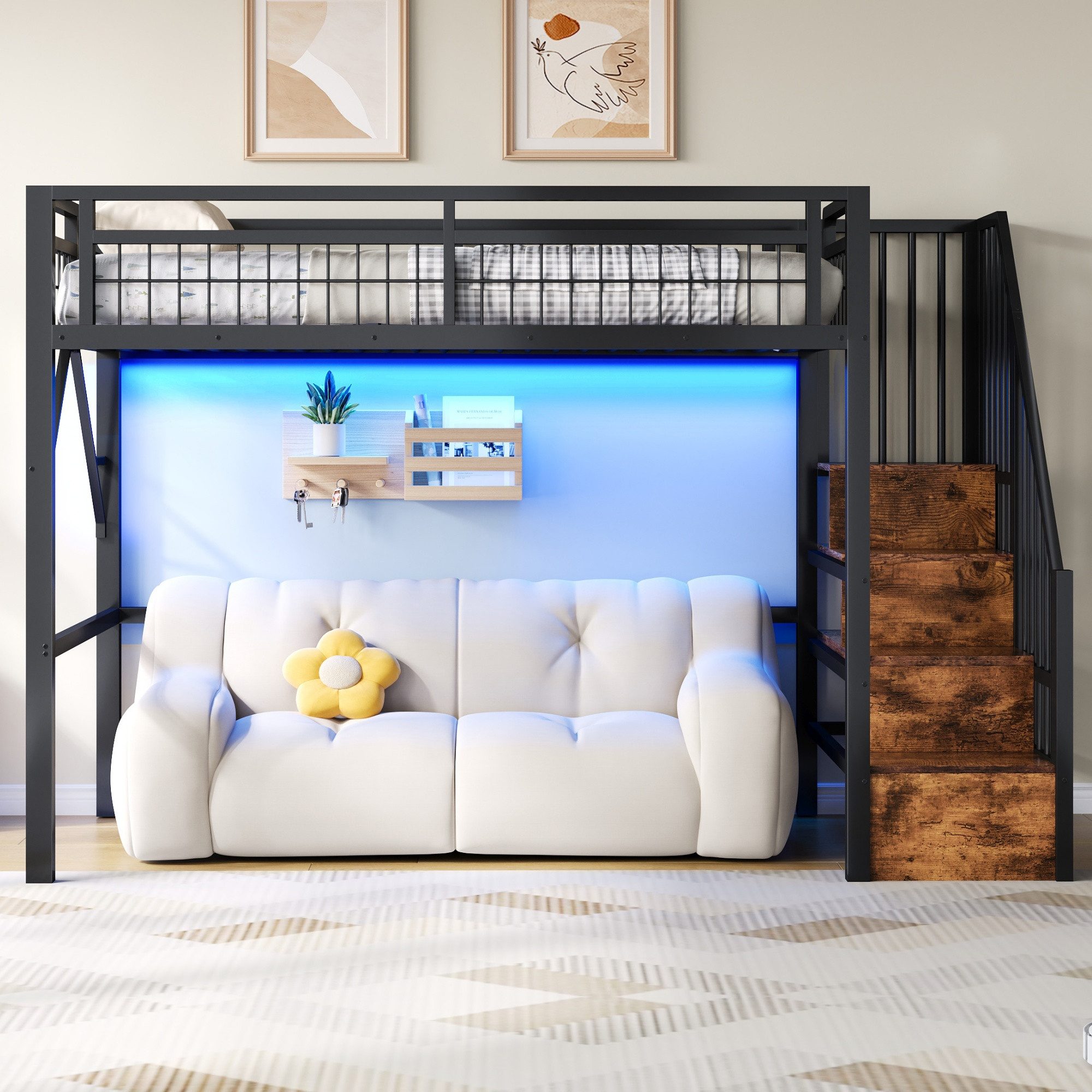 Odikalo Hochbett 90x200 140x200 Kinderbett Jugendbett, LED Schreibtisch Stauraumtreppe (Eisenrahmen, Lagerregal, Hängendes Gitter, LED-Lichtleiste, Schreibtisch, Treppenkonstruktionen mit Stauraum,mit 2 USB-Anschlüssen und 1 Typ-C-Buchse, Ohne Matratze)