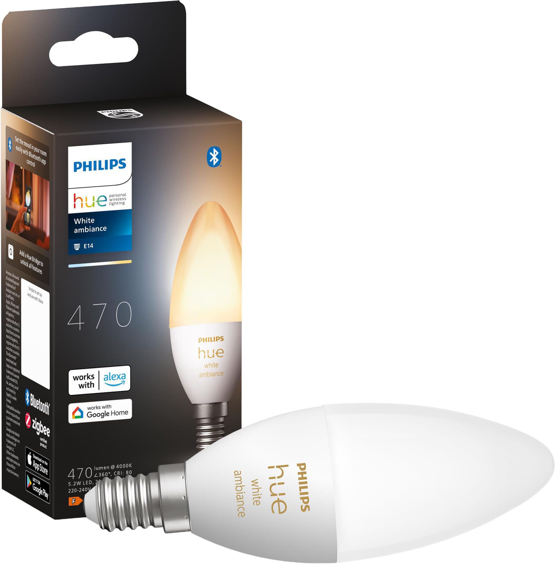 Philips Hue LED-Leuchtmittel White / White & Color Ambiance Kerze 470lm, E14, 1 St., Farbwechsler
