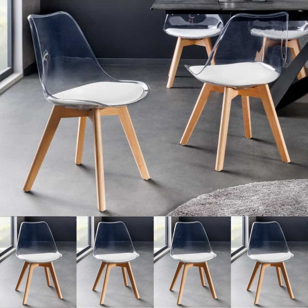 LebensWohnArt Stuhl 4er Set Design-Klassiker Stuhl NORWAY transparent weiss Buchenholz