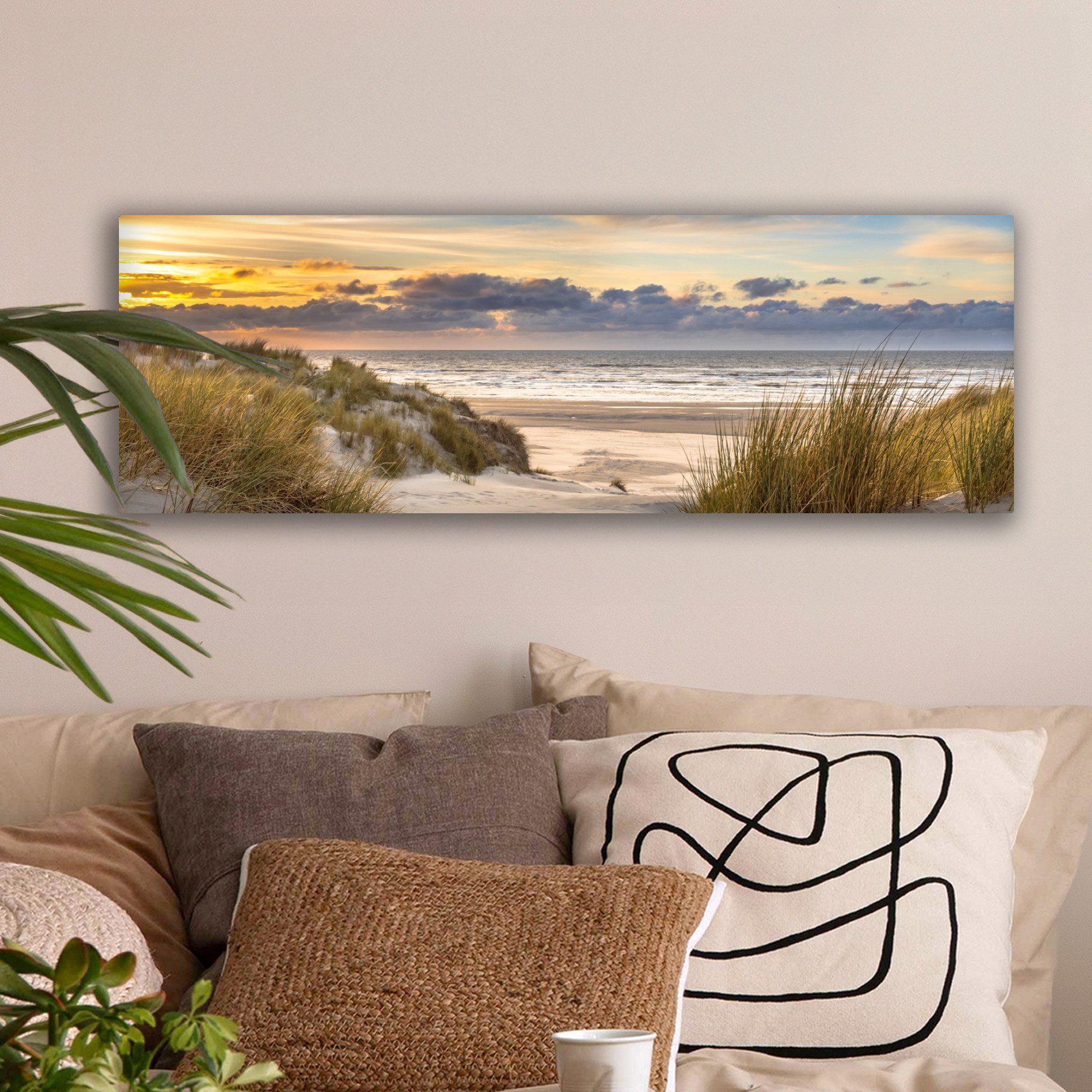 OneMillionCanvasses® Leinwandbild Panorama Strand - Düne - Gras - Sonnenunt günstig online kaufen